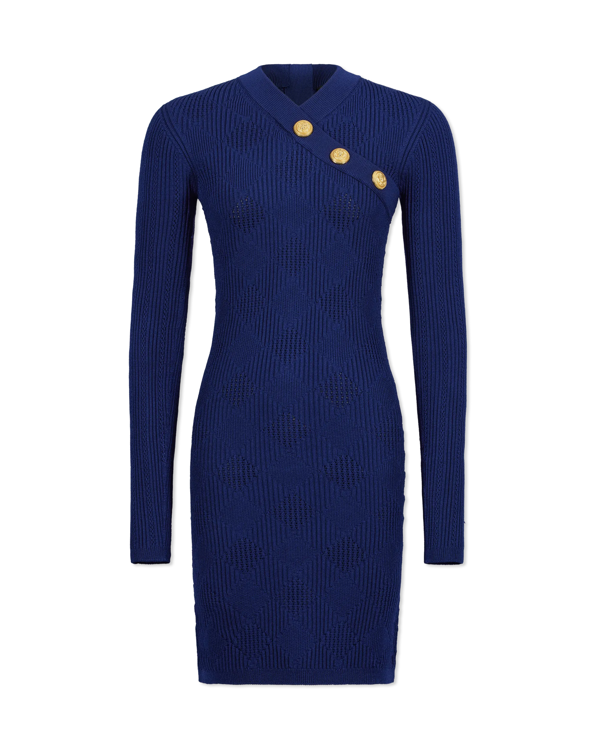 3 Button V-Neck Knit Mini Dress - DIHSAN