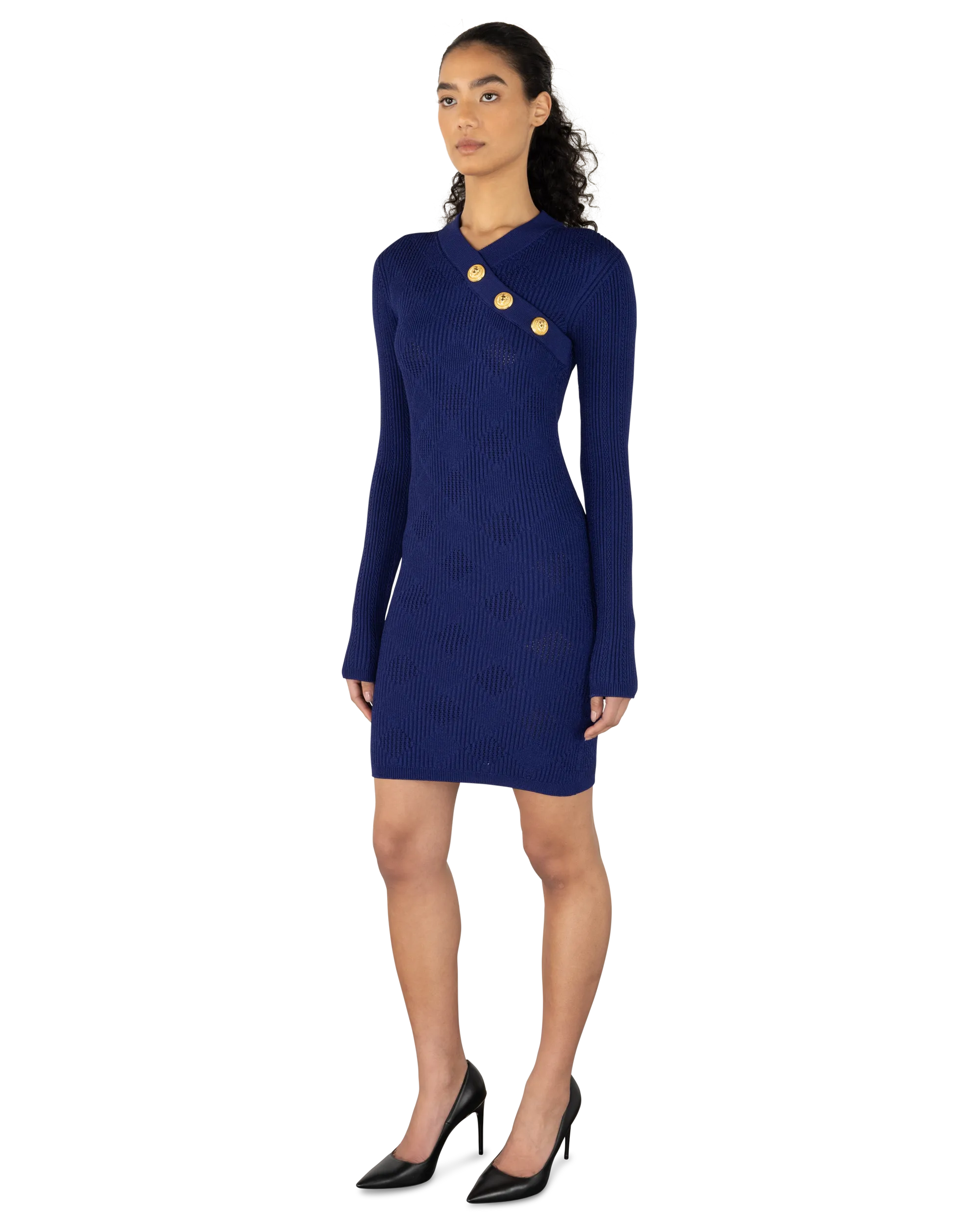 3 Button V-Neck Knit Mini Dress