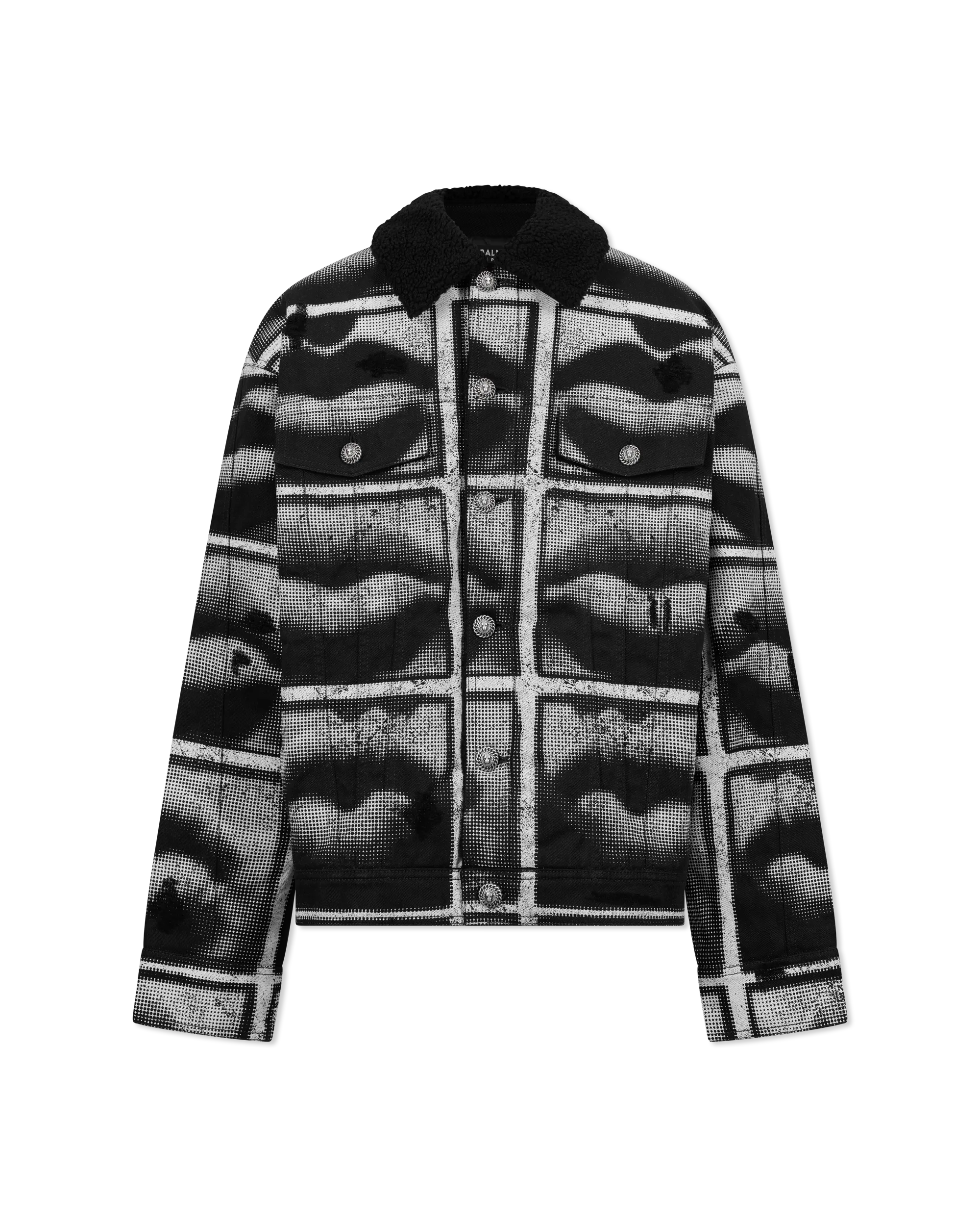 Bouclé Collar Printed Lips Denim Jacket - DIHSAN