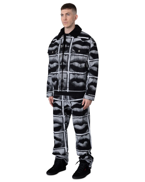 Bouclé Collar Printed Lips Denim Jacket