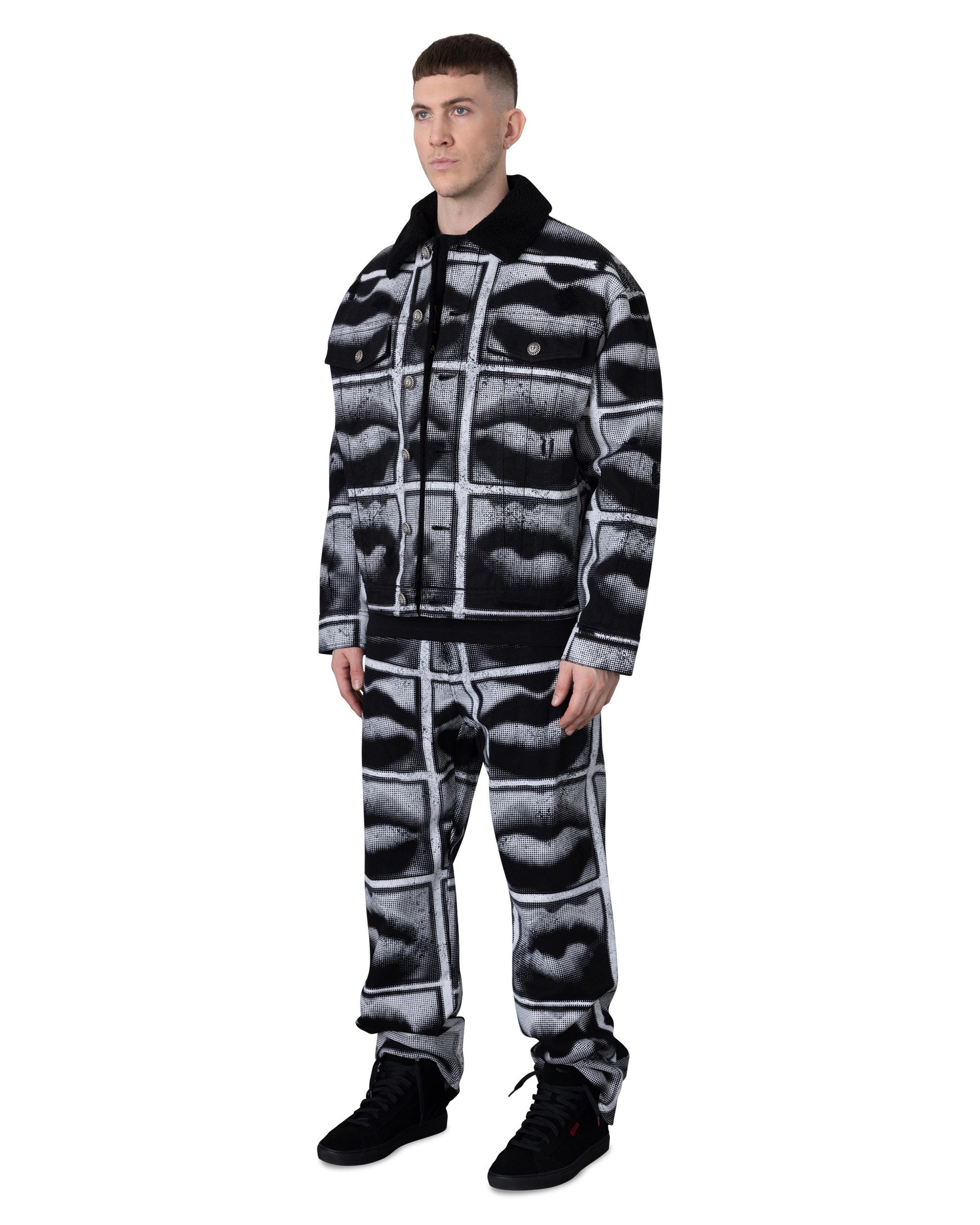 Bouclé Collar Printed Lips Denim Jacket