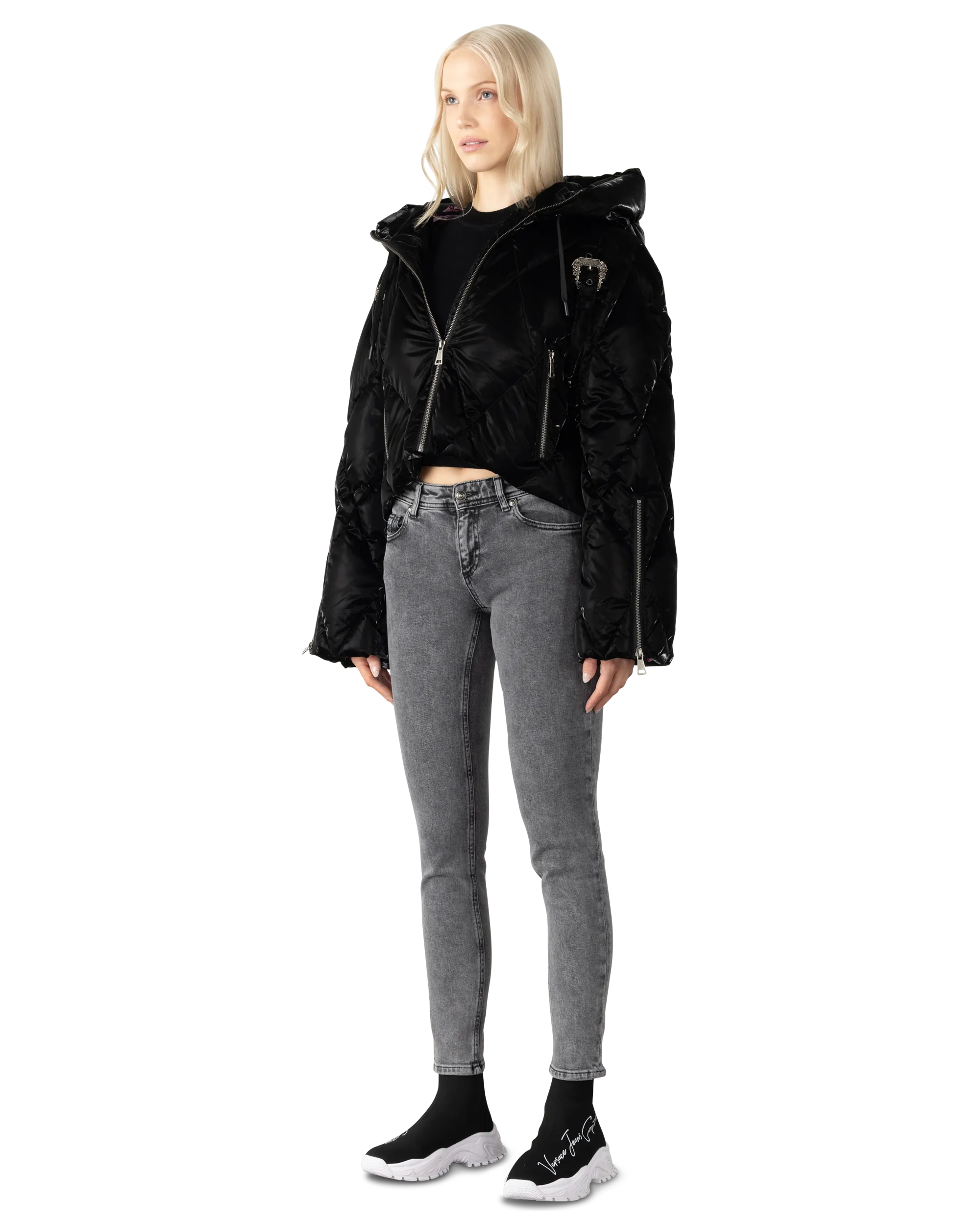 Baroque Buckle Hooded Puffer Bomber Jacket