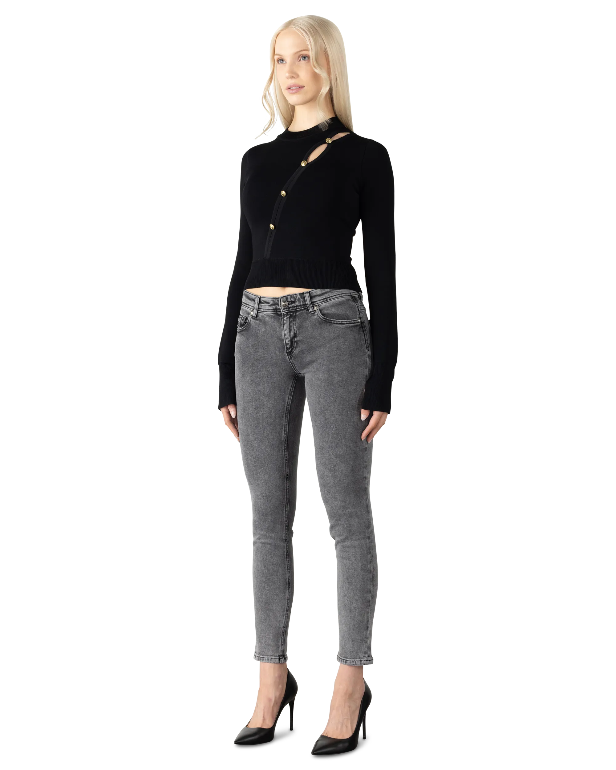 Peek-A-Boo Button Detail Cropped Sweater