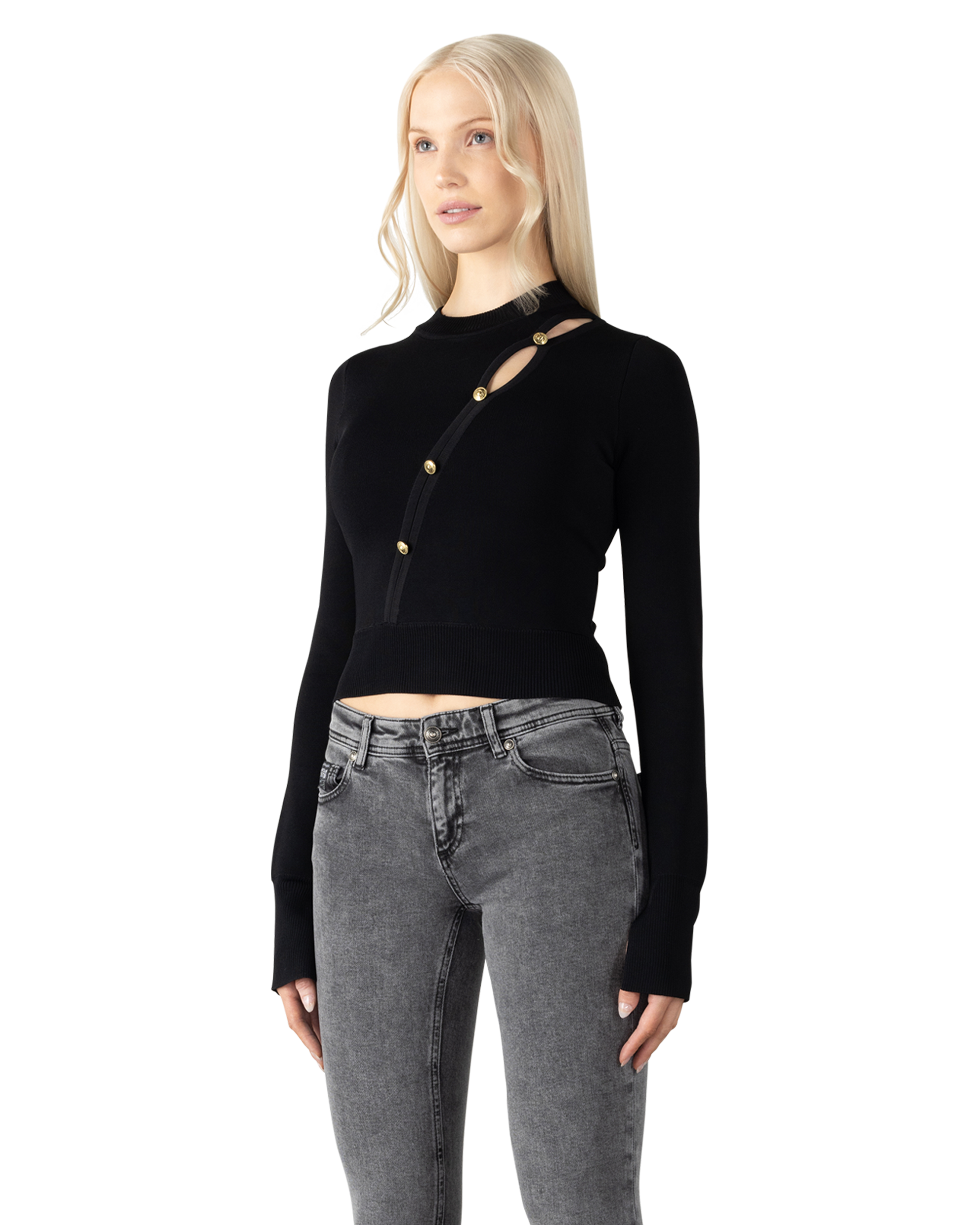 Peek-A-Boo Button Detail Cropped Sweater