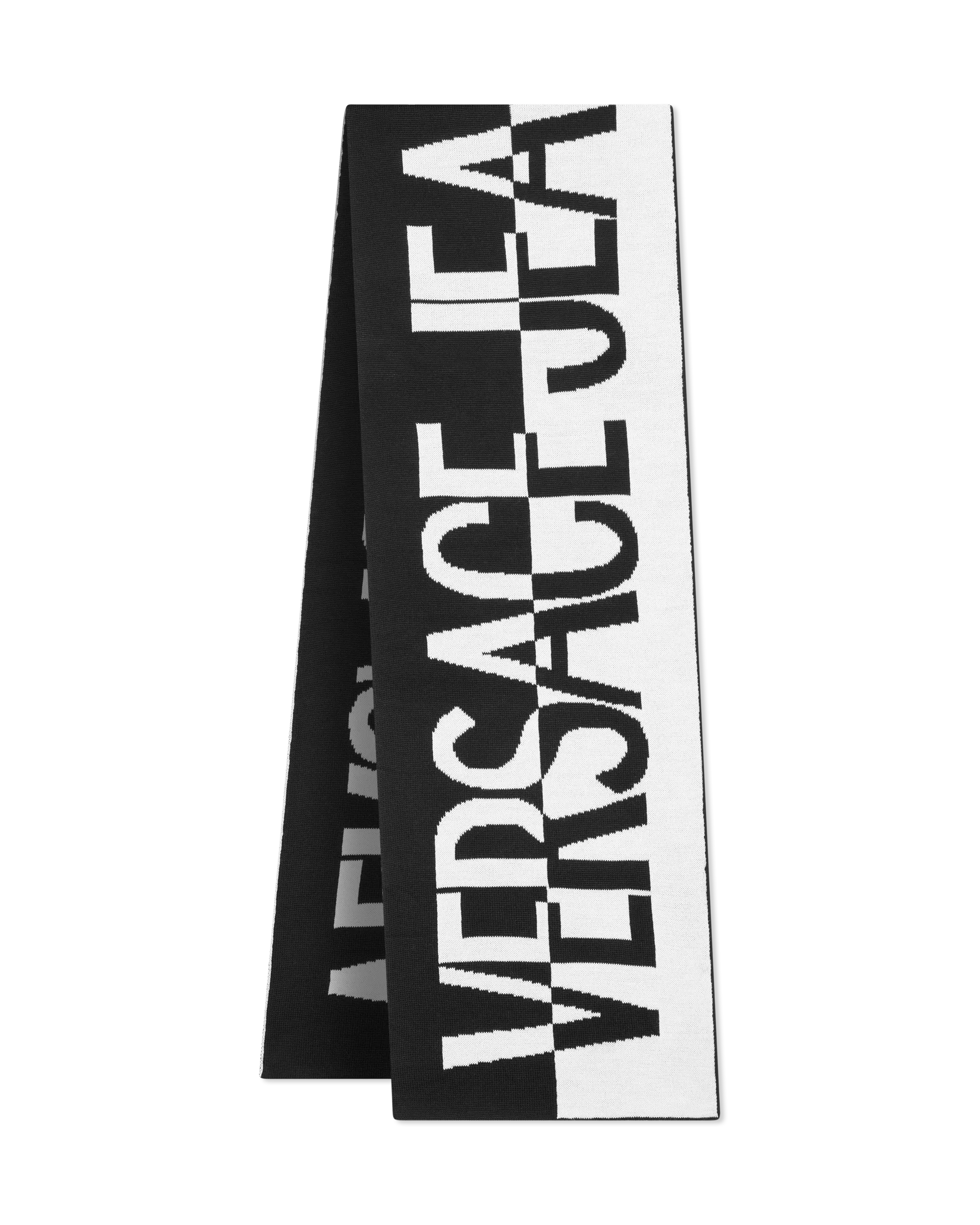Black Wool Blend Asymmetrical Logo Two-Tone Scarf by Versace Jeans Couture | DIHSAN