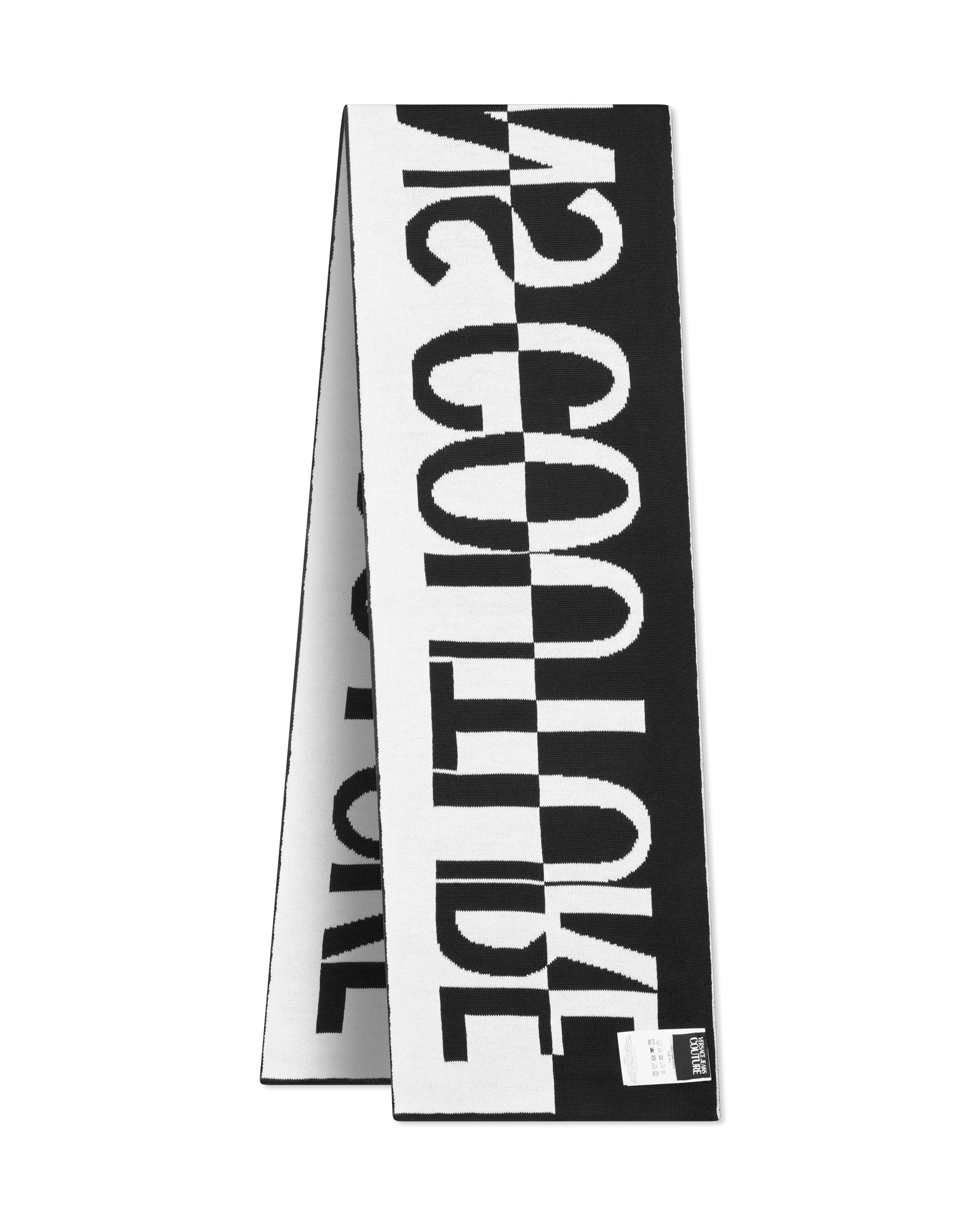 Black Wool Blend Asymmetrical Logo Two-Tone Scarf by Versace Jeans Couture | DIHSAN