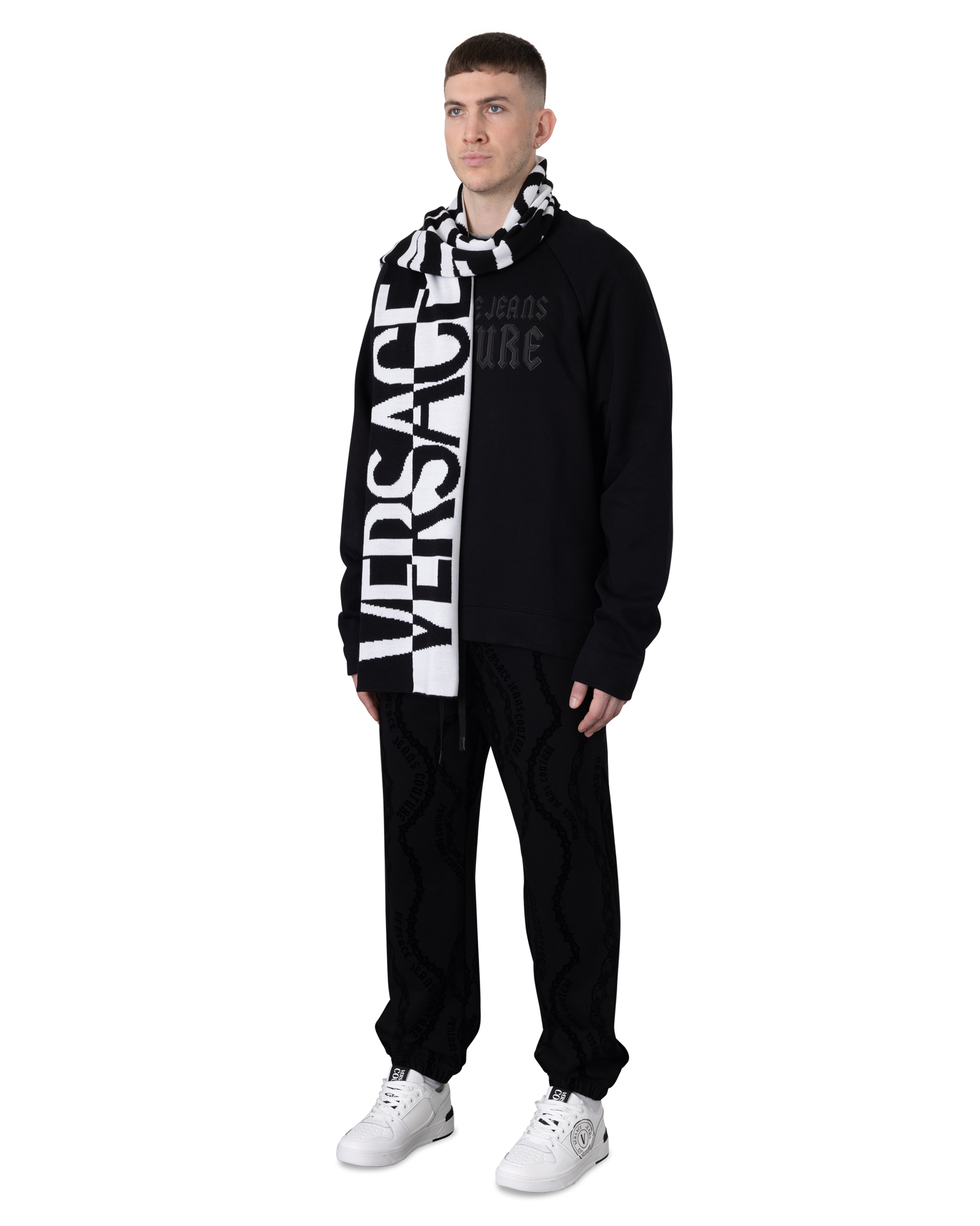 Black Wool Blend Asymmetrical Logo Two-Tone Scarf by Versace Jeans Couture | DIHSAN