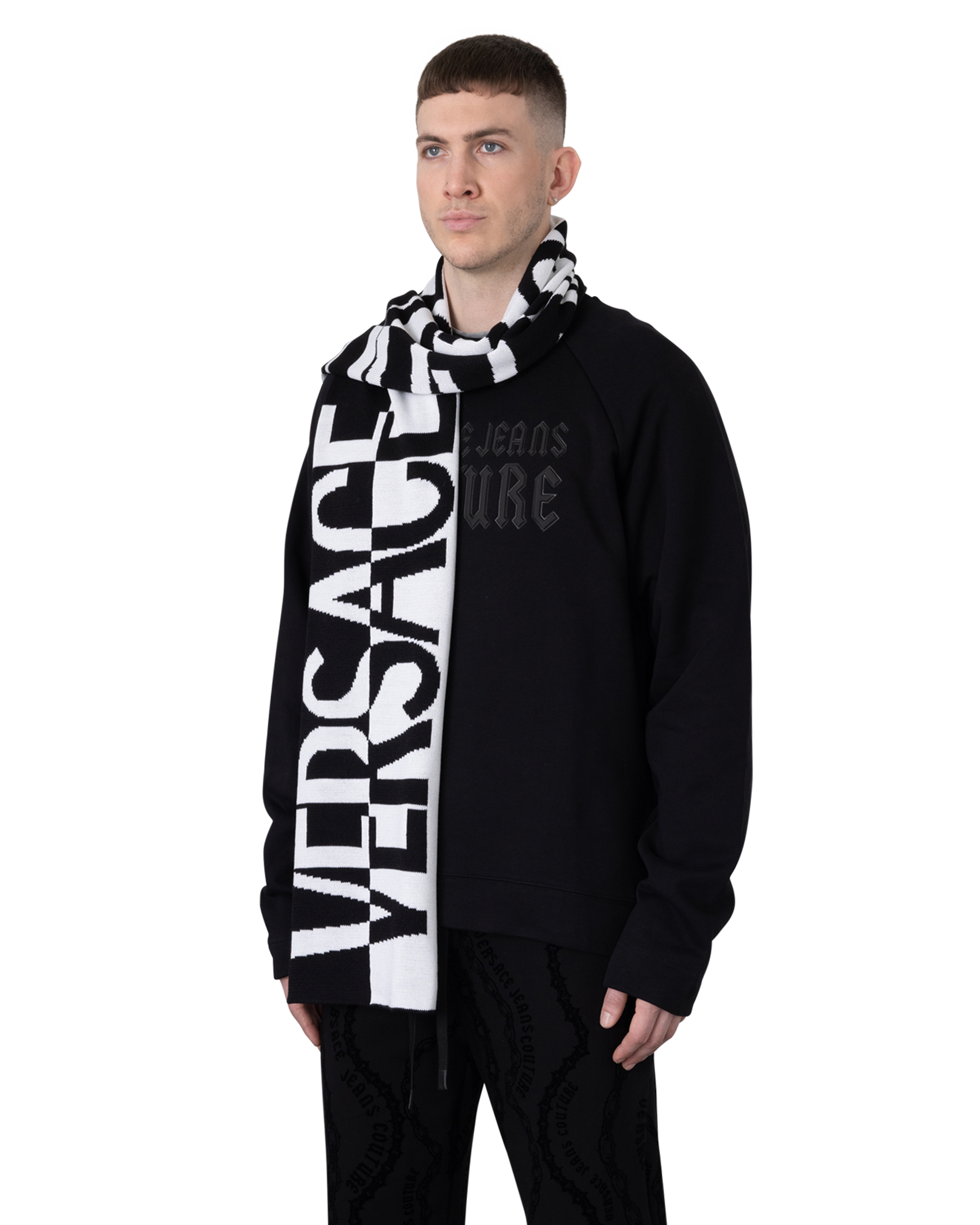 Black Wool Blend Asymmetrical Logo Two-Tone Scarf by Versace Jeans Couture | DIHSAN