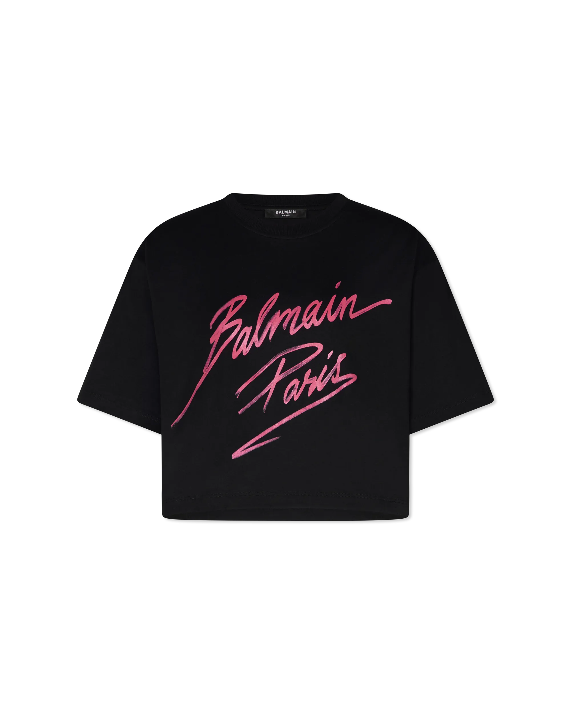 Flocked Balmain Letter Logo Cropped T-Shirt