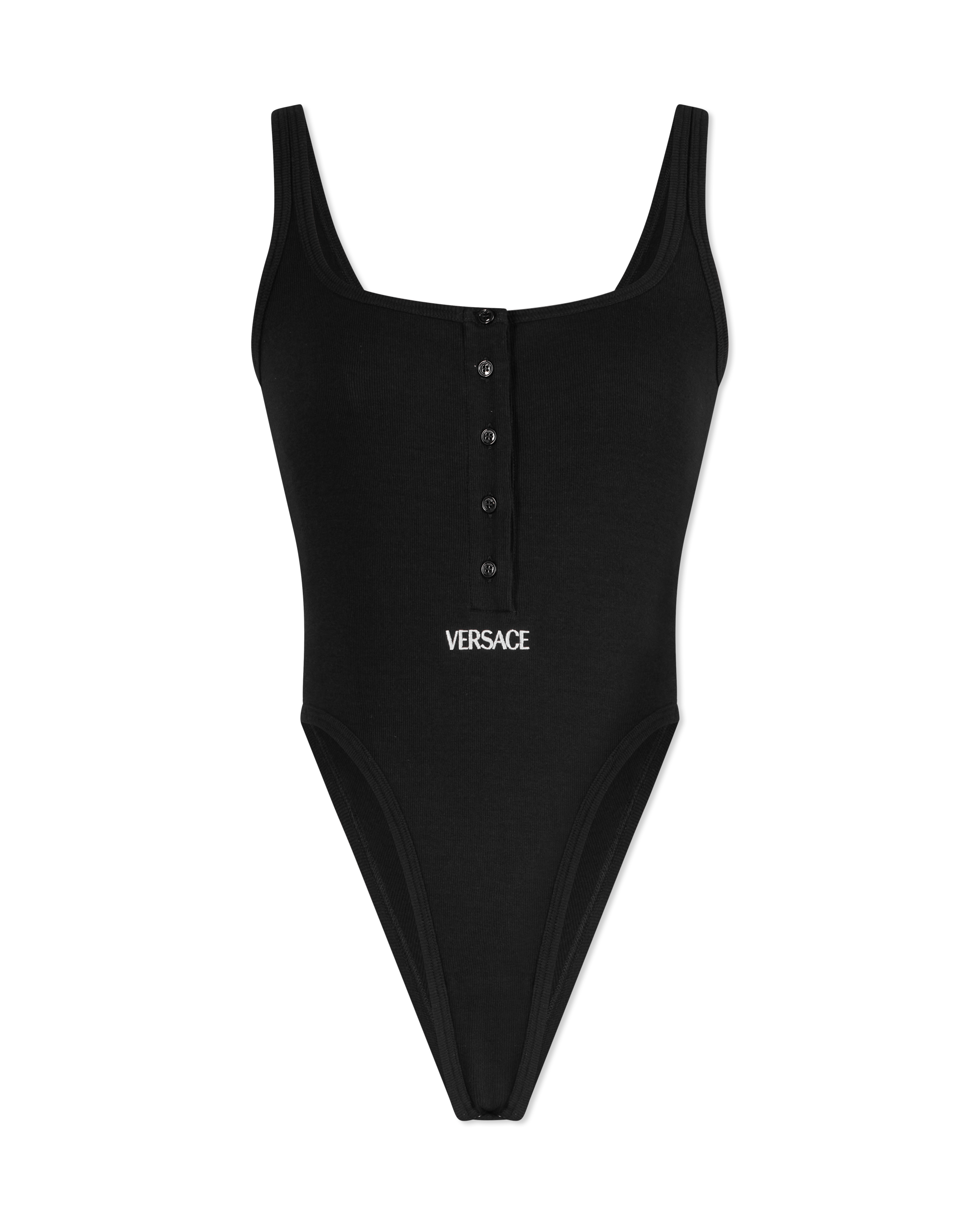 Black Polyester Logo Ribbed Bodysuit by Versace | DIHSAN