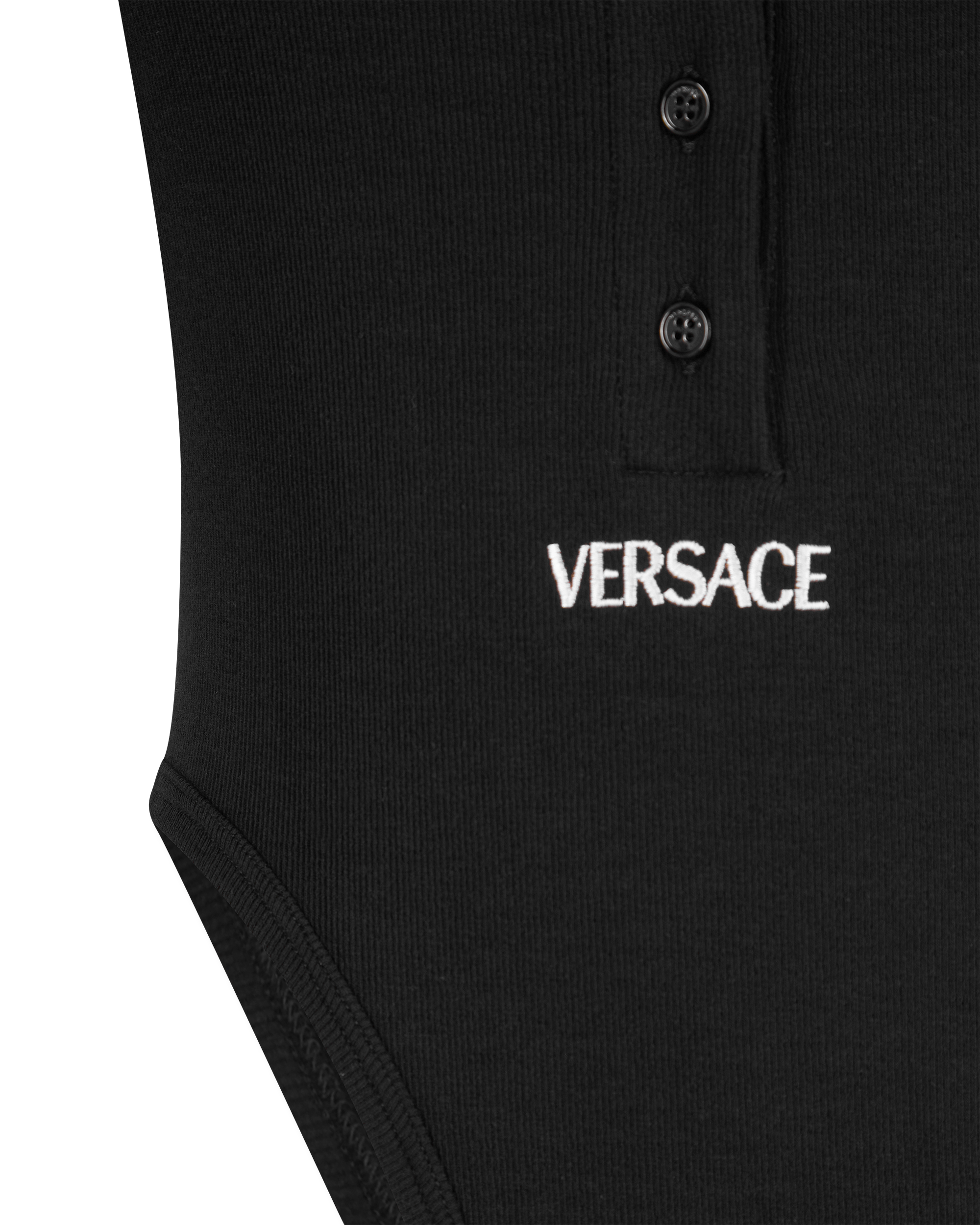 Black Polyester Logo Ribbed Bodysuit by Versace | DIHSAN