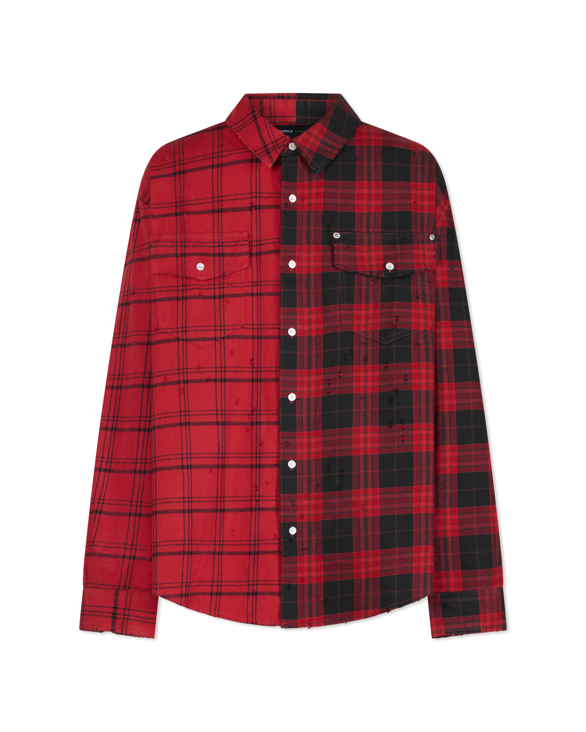 Red Cotton Half & Half Plaid Flannel Shirt by Purple | DIHSAN