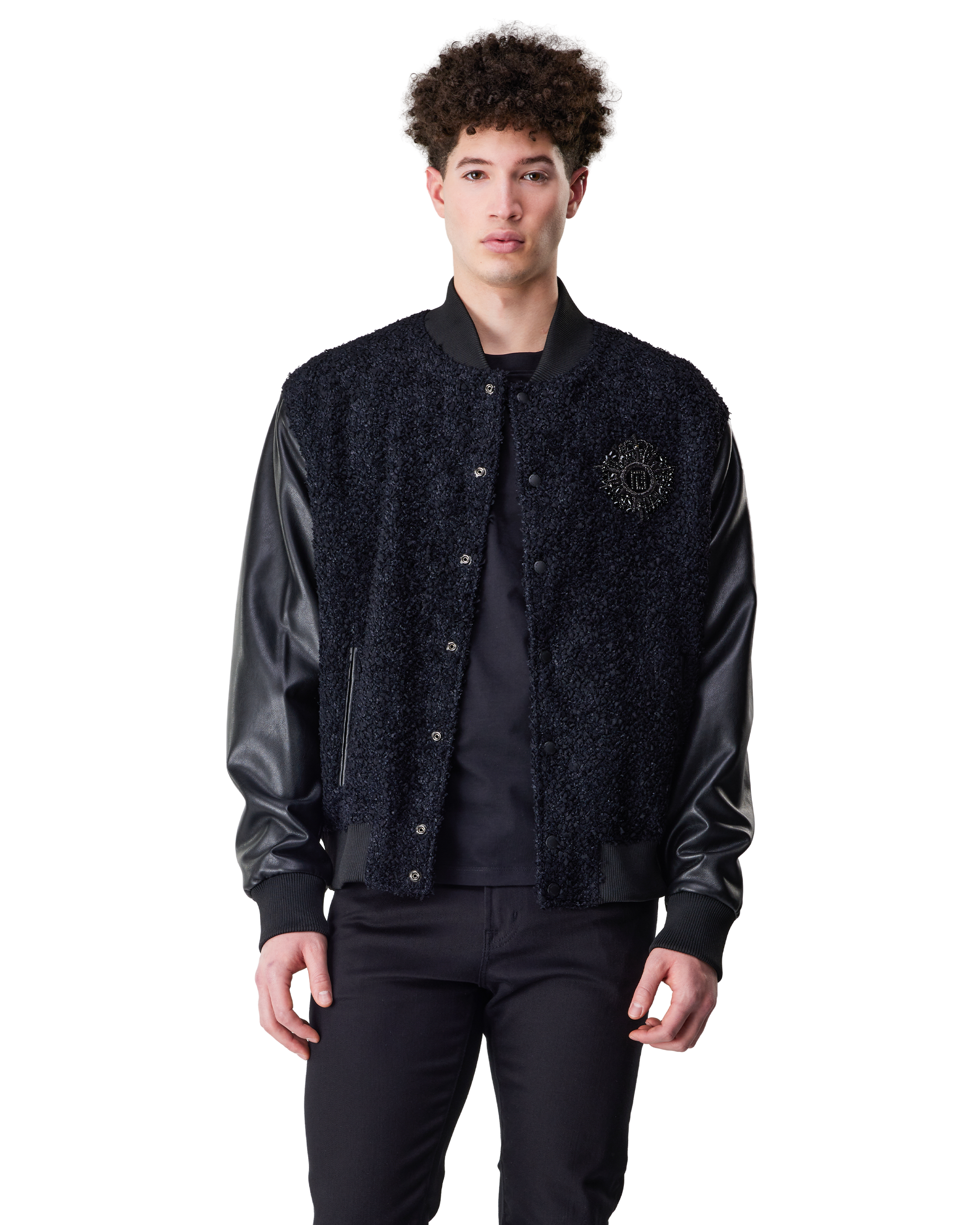 Tweed And Faux Leather Varsity Jacket