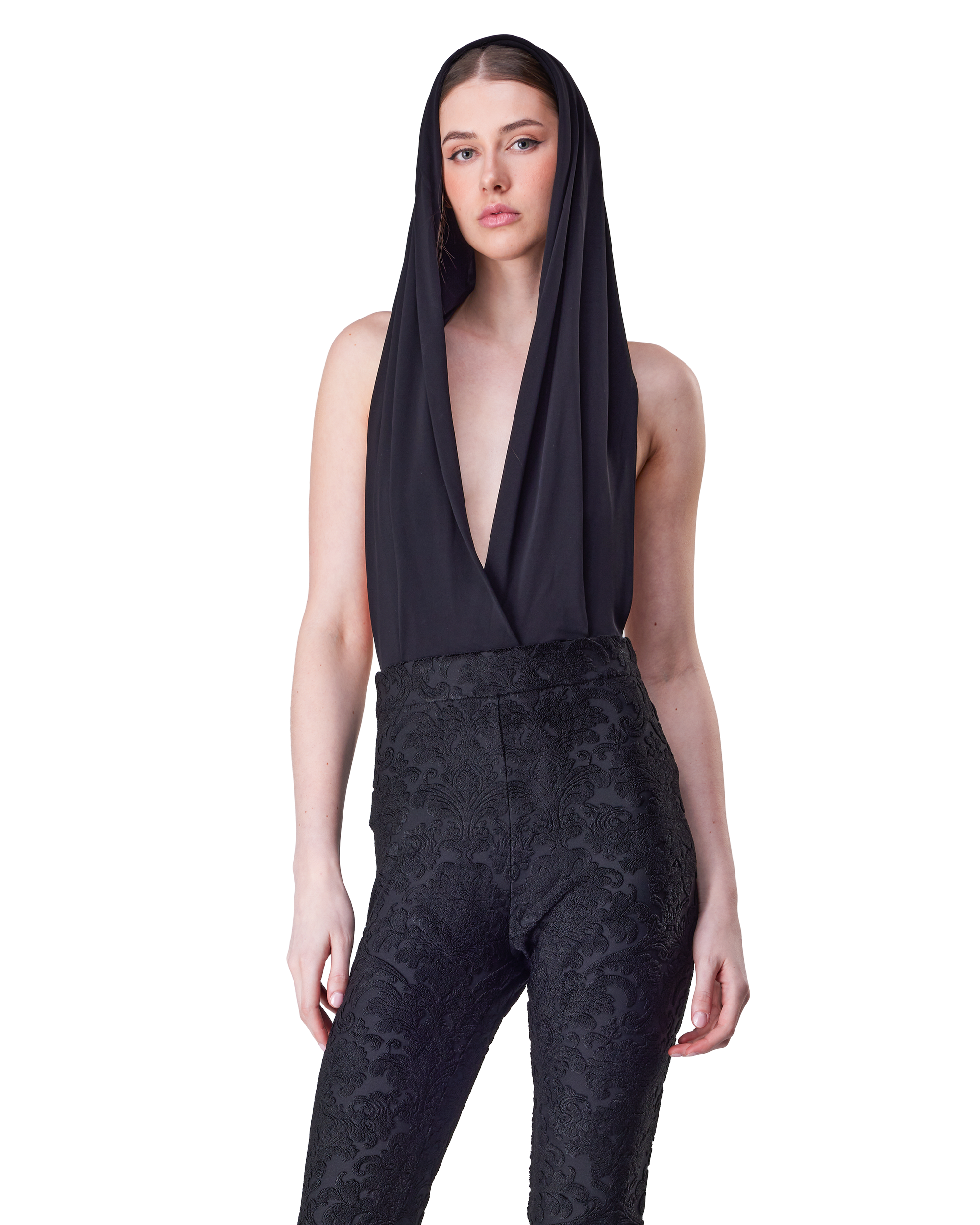 Draped Bodysuit With Hood