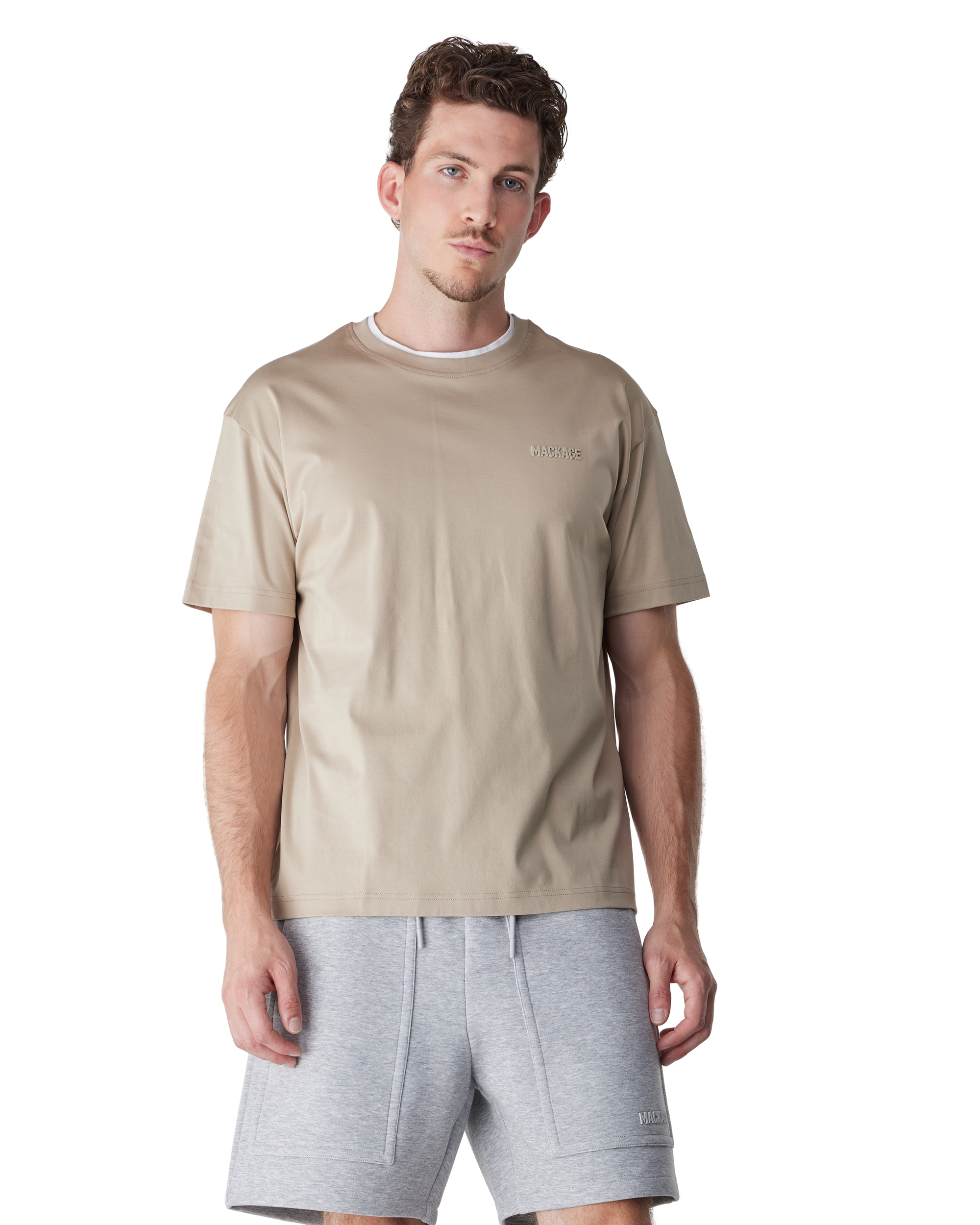 Taupe-White Organic Cotton Tee-MNV Double Crewneck Collar T-Shirt by Mackage | DIHSAN