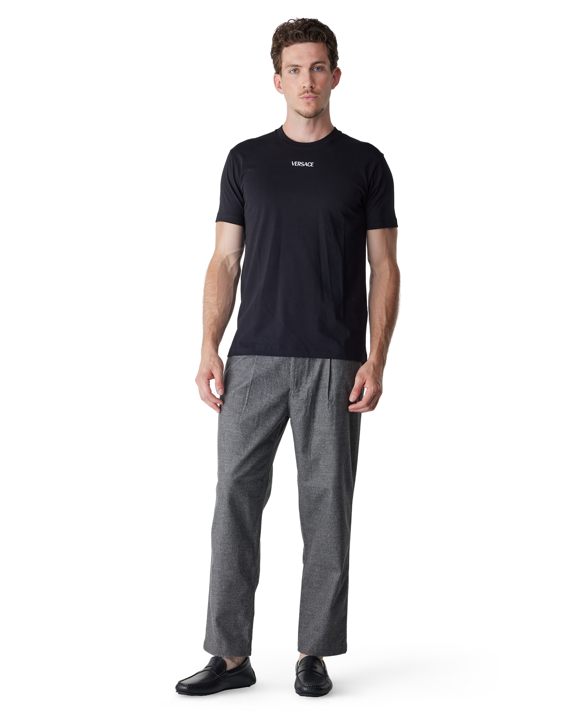 Black Logo Embroidered Cotton T-Shirt by Versace | DIHSAN