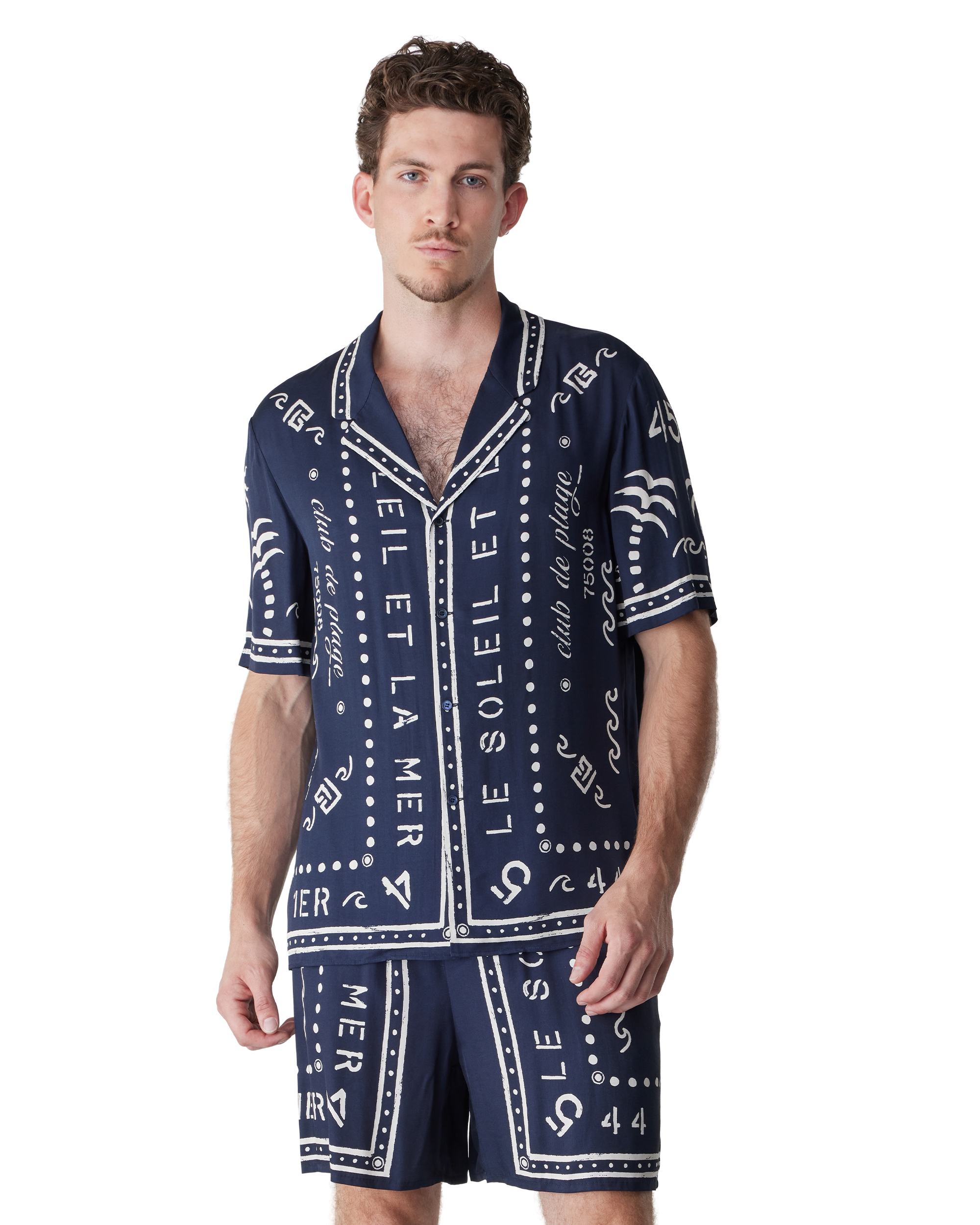 Marine/Beige Viscose Club Printed Pyjama Shirt by Balmain | DIHSAN