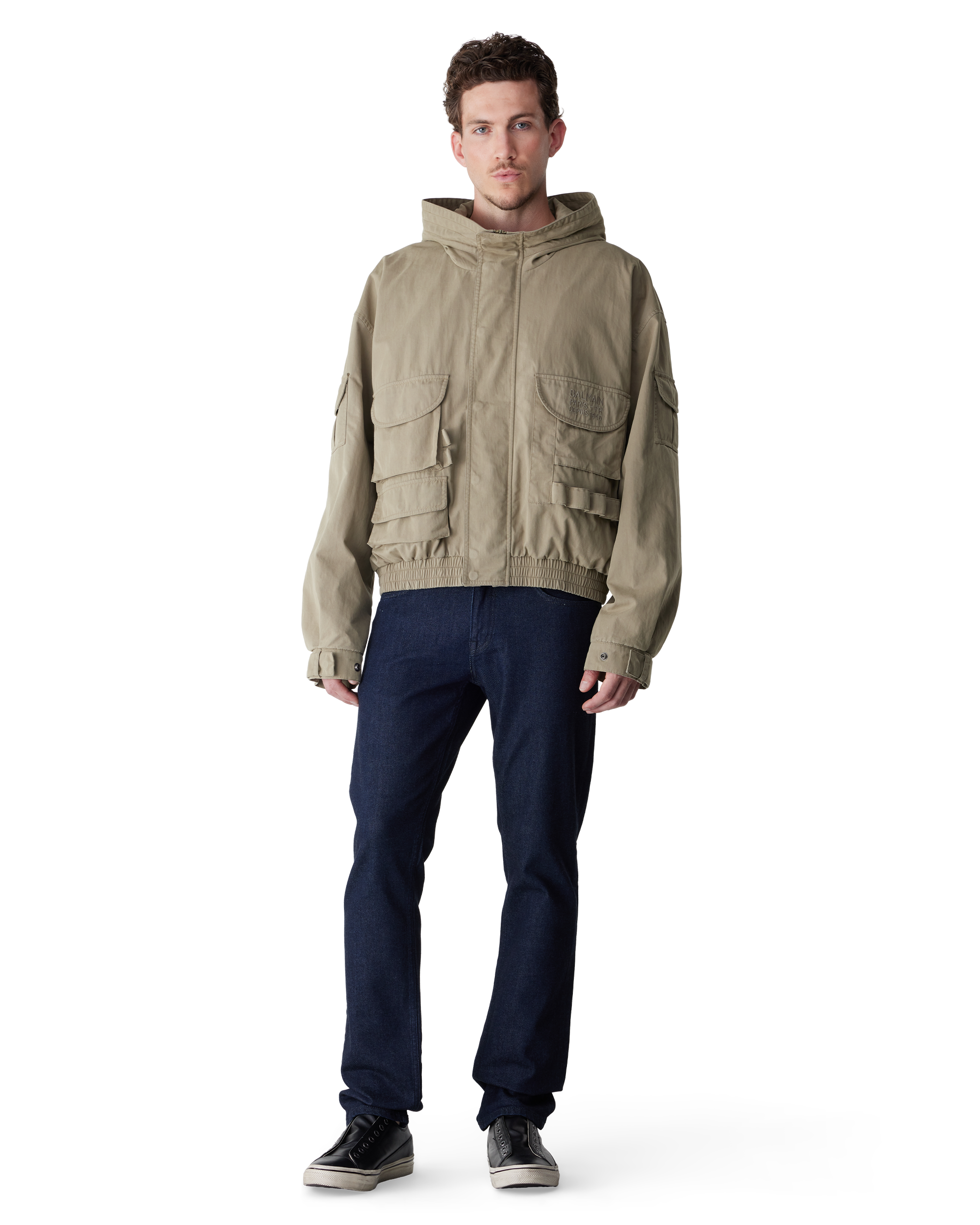 Khaki Stamp Hooded Cargo Jacket by Balmain | DIHSAN