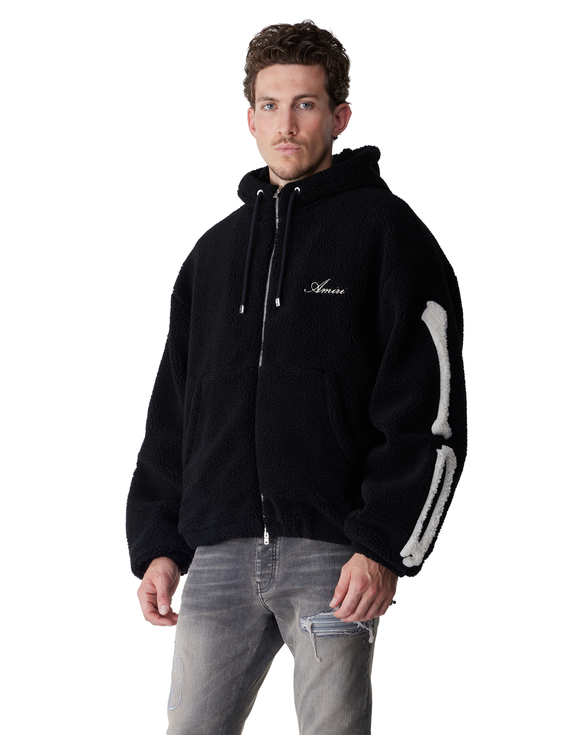 Black Polyester Bones Fleece Zip Hoodie by AMIRI | DIHSAN