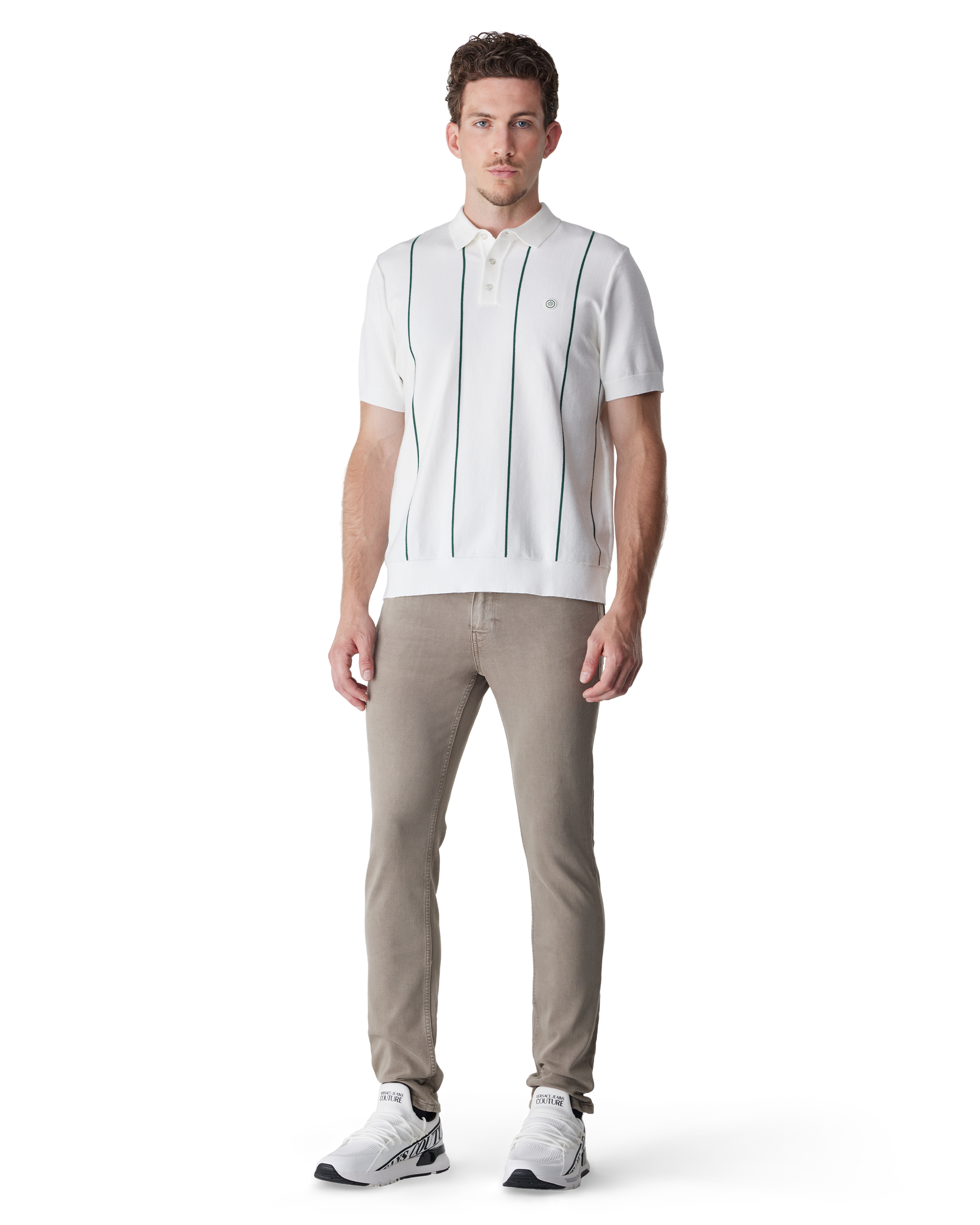 White/Green Viscose Blend Vertical Stripe Knit Polo by Champlain | DIHSAN