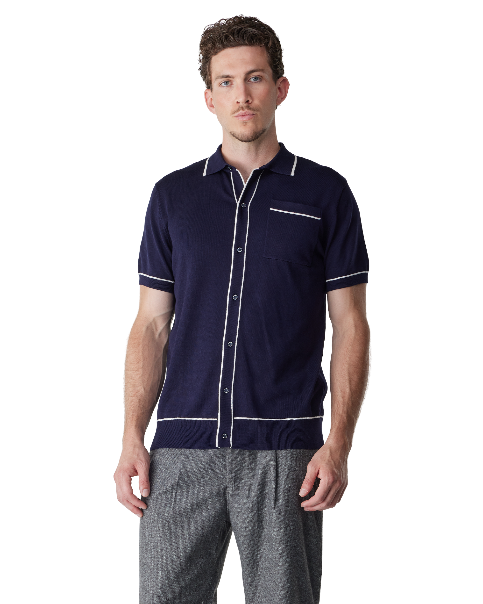 Navy Viscose Blend Button Down Polo by Champlain | DIHSAN