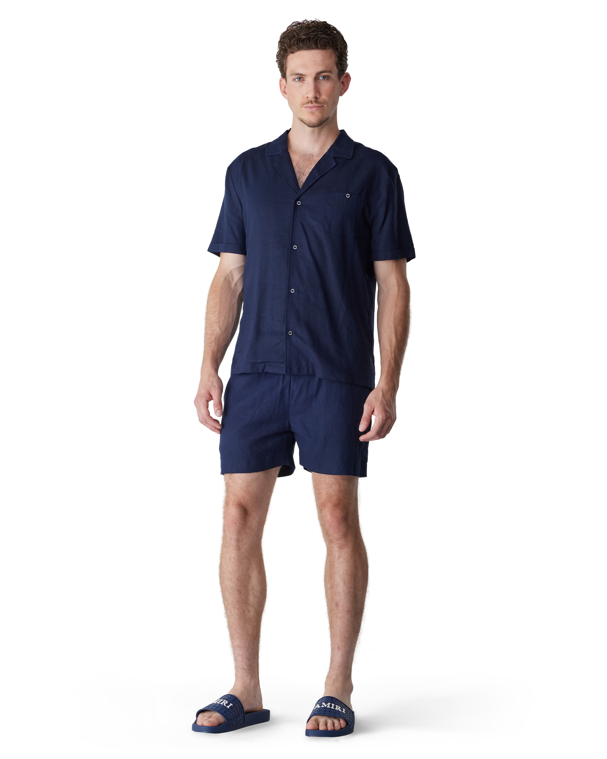 Navy Viscose Blend Linen Cuban Shirt by Champlain | DIHSAN