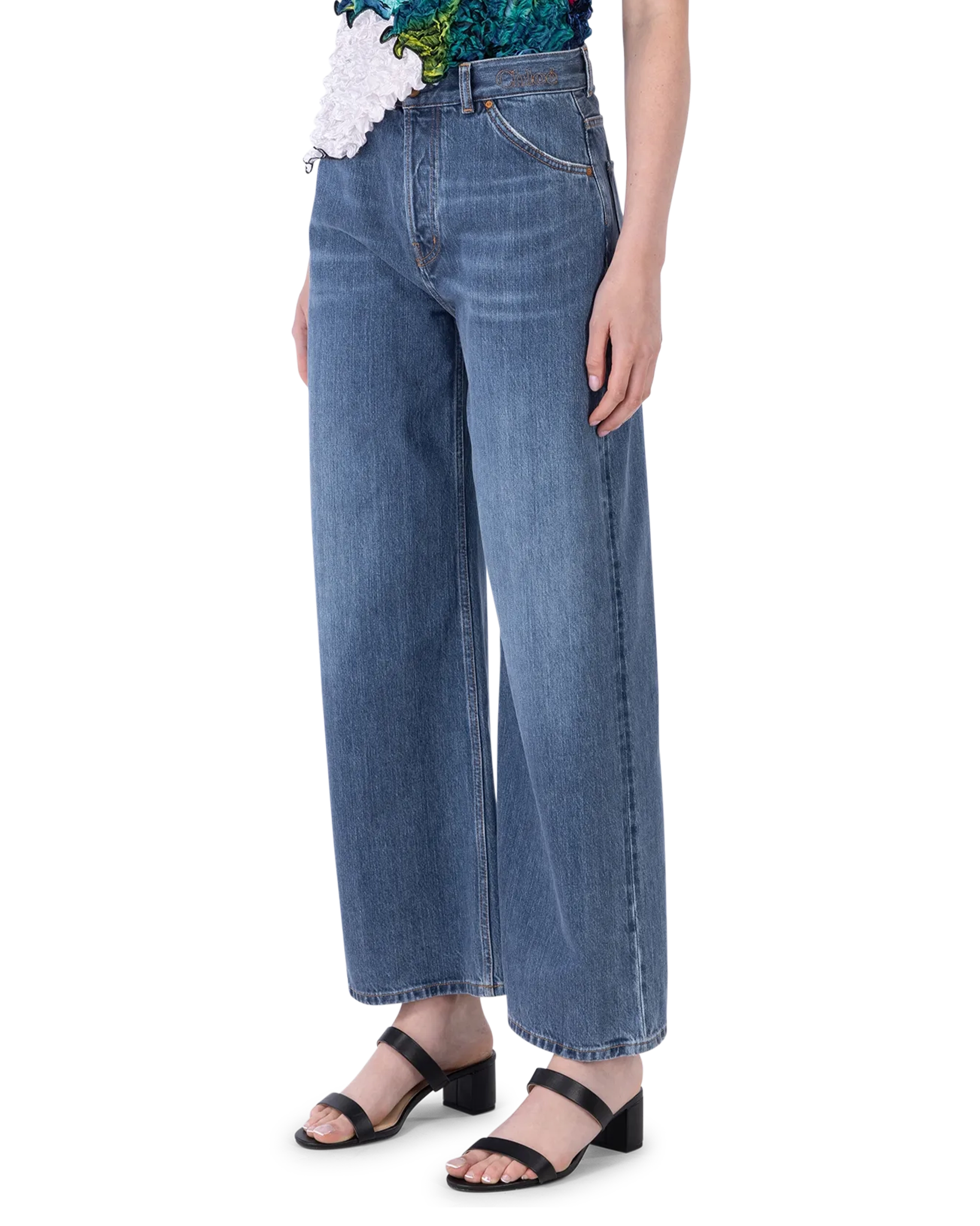 Logo Embroidered Wide Leg Jeans