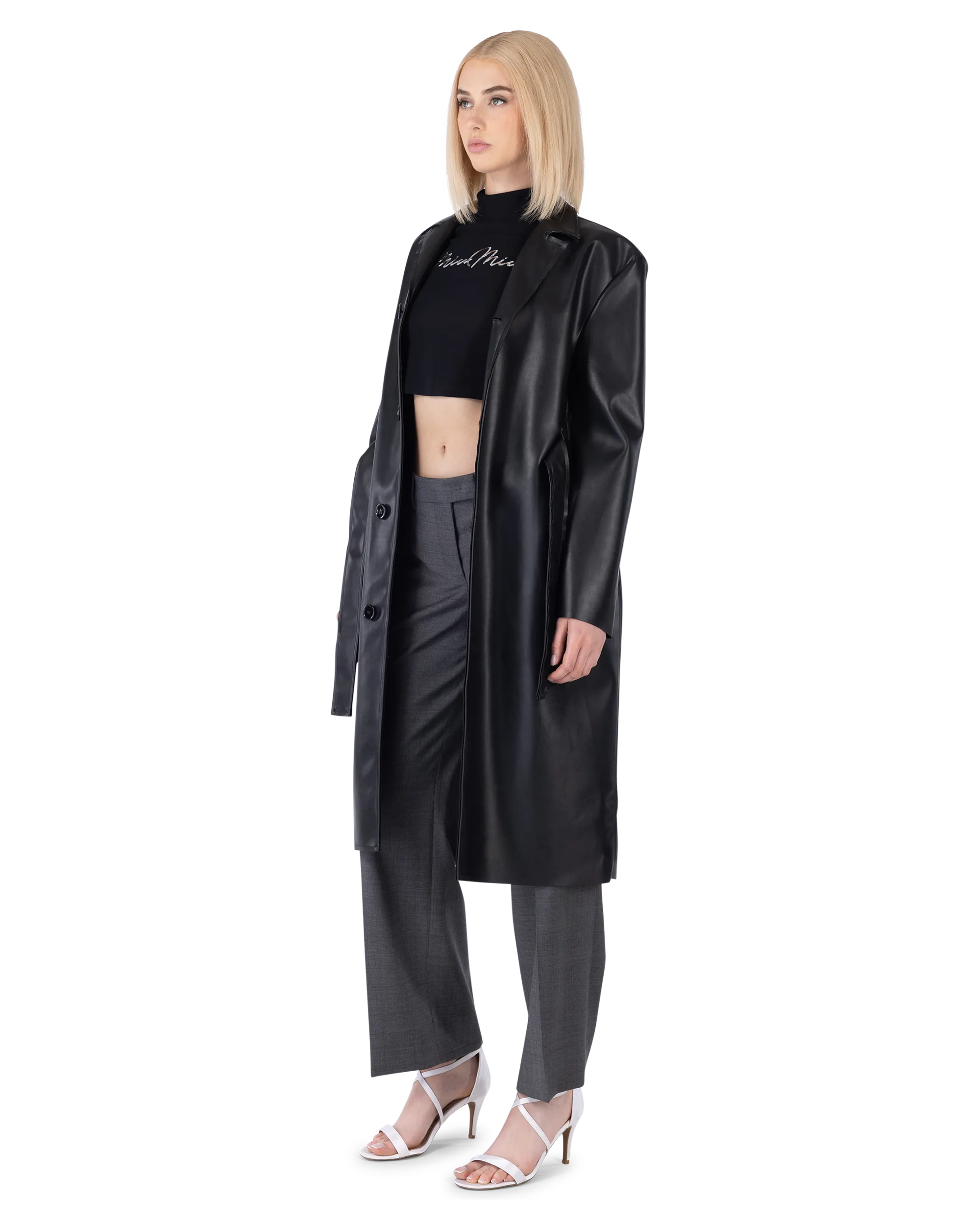 Belted Faux Leather Trench Coat
