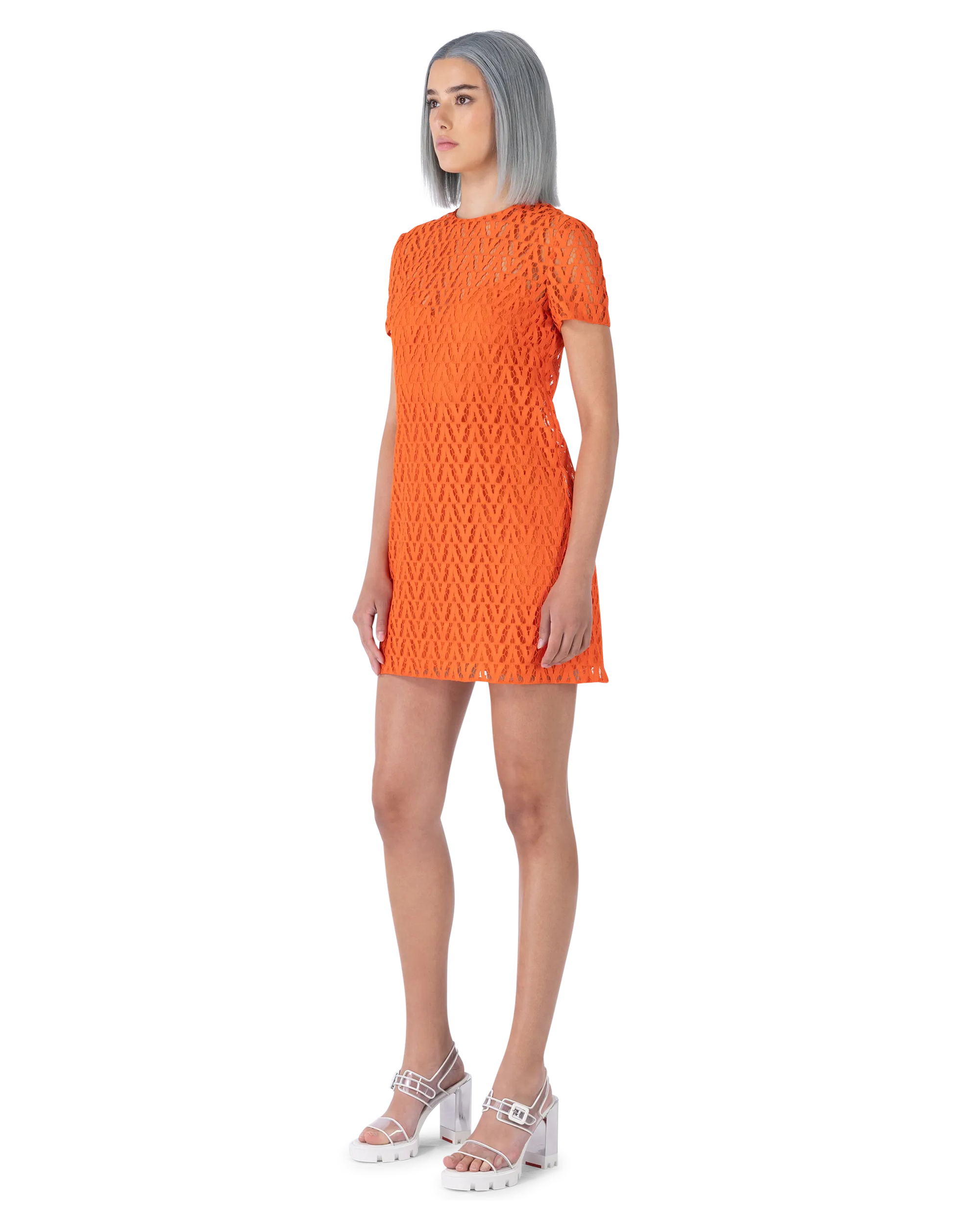 V Pattern Lace Short Sleeve Mini Dress