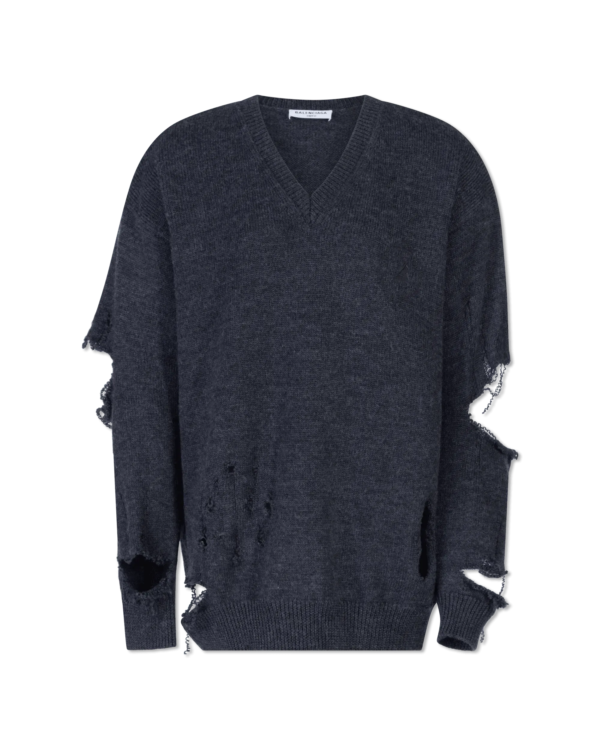 Dark Grey Wool Distressed Wool V-Neck Sweater by Balenciaga | DIHSAN
