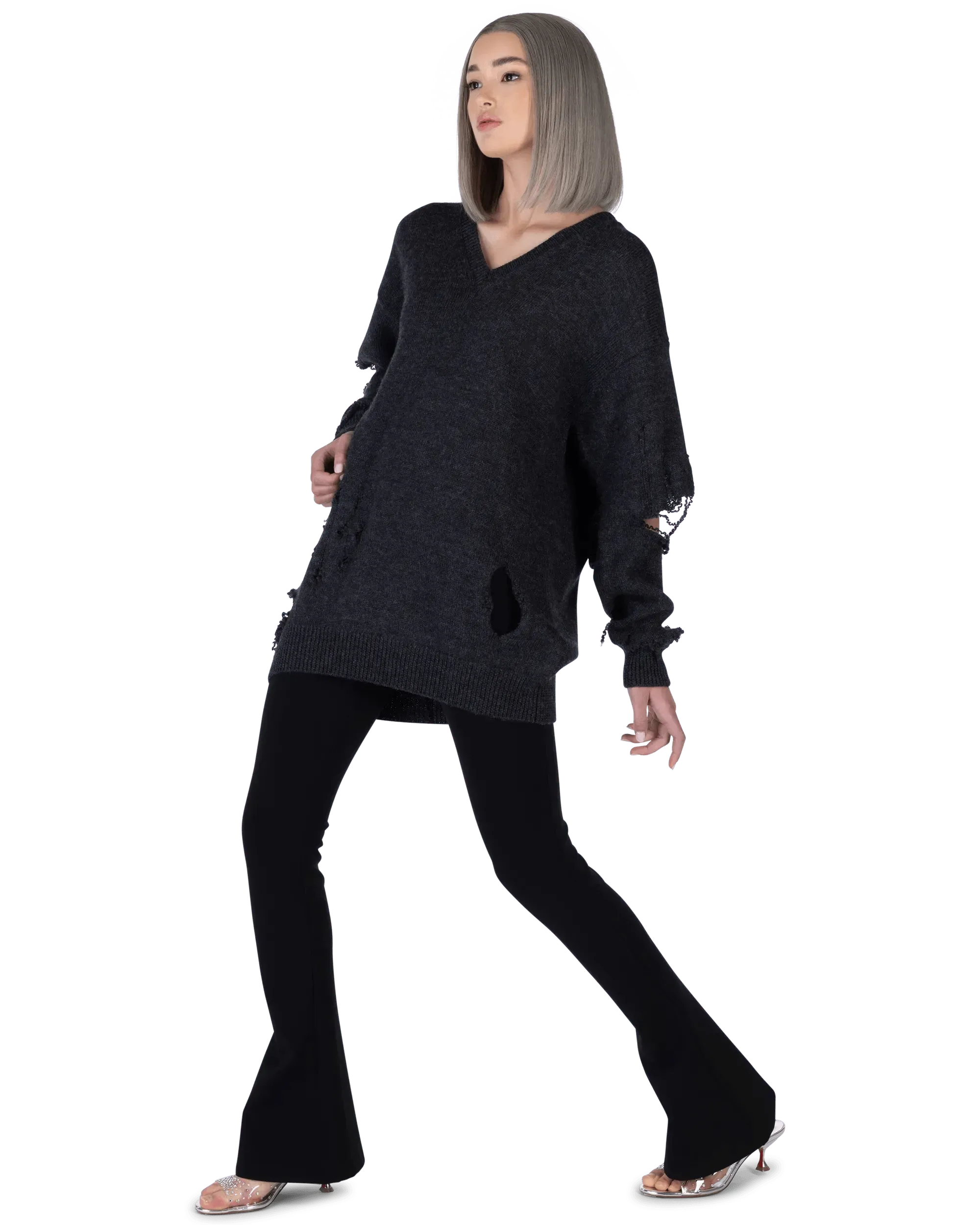 Distressed Wool V-Neck Sweater - DIHSAN