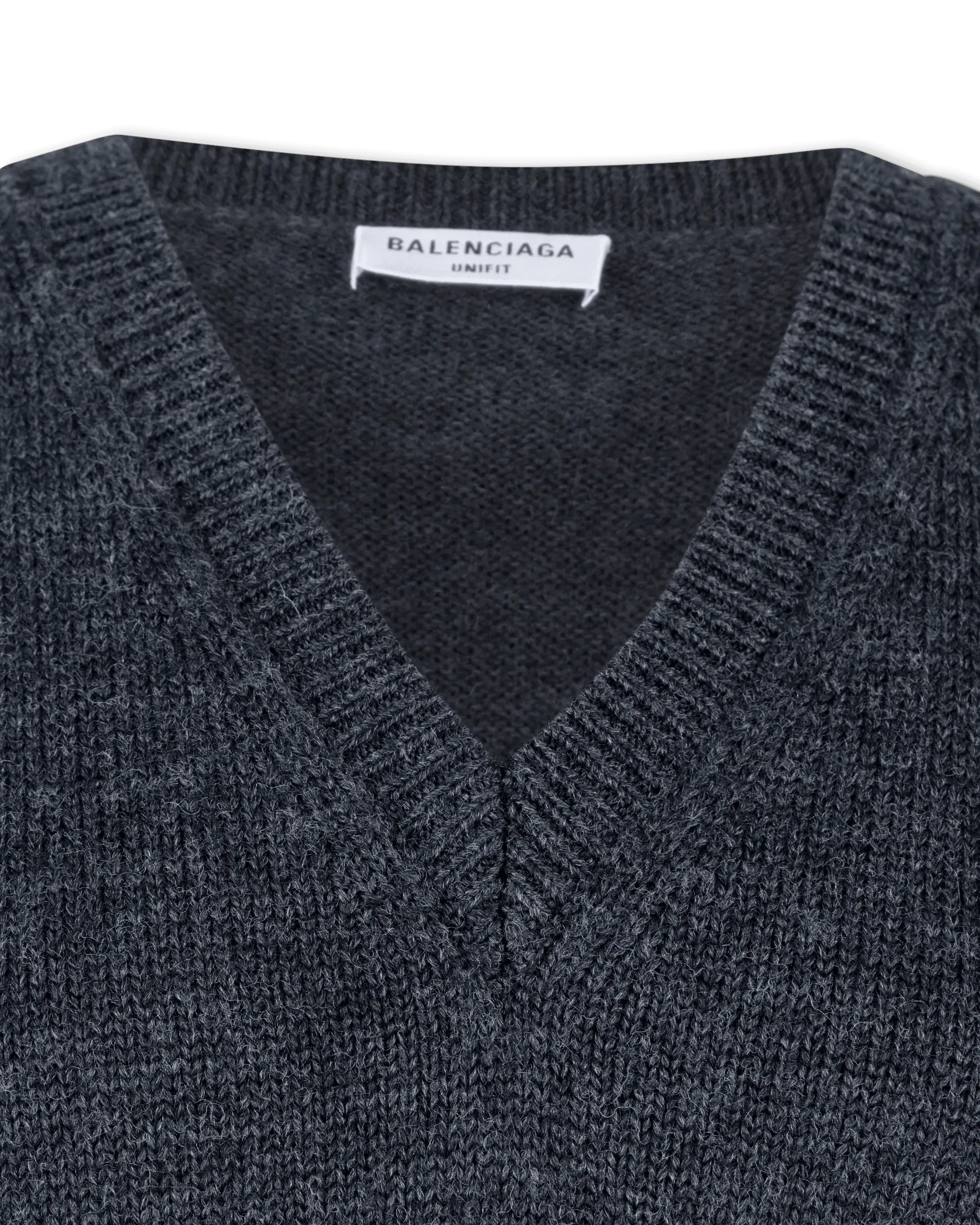 Dark Grey Wool Distressed Wool V-Neck Sweater by Balenciaga | DIHSAN
