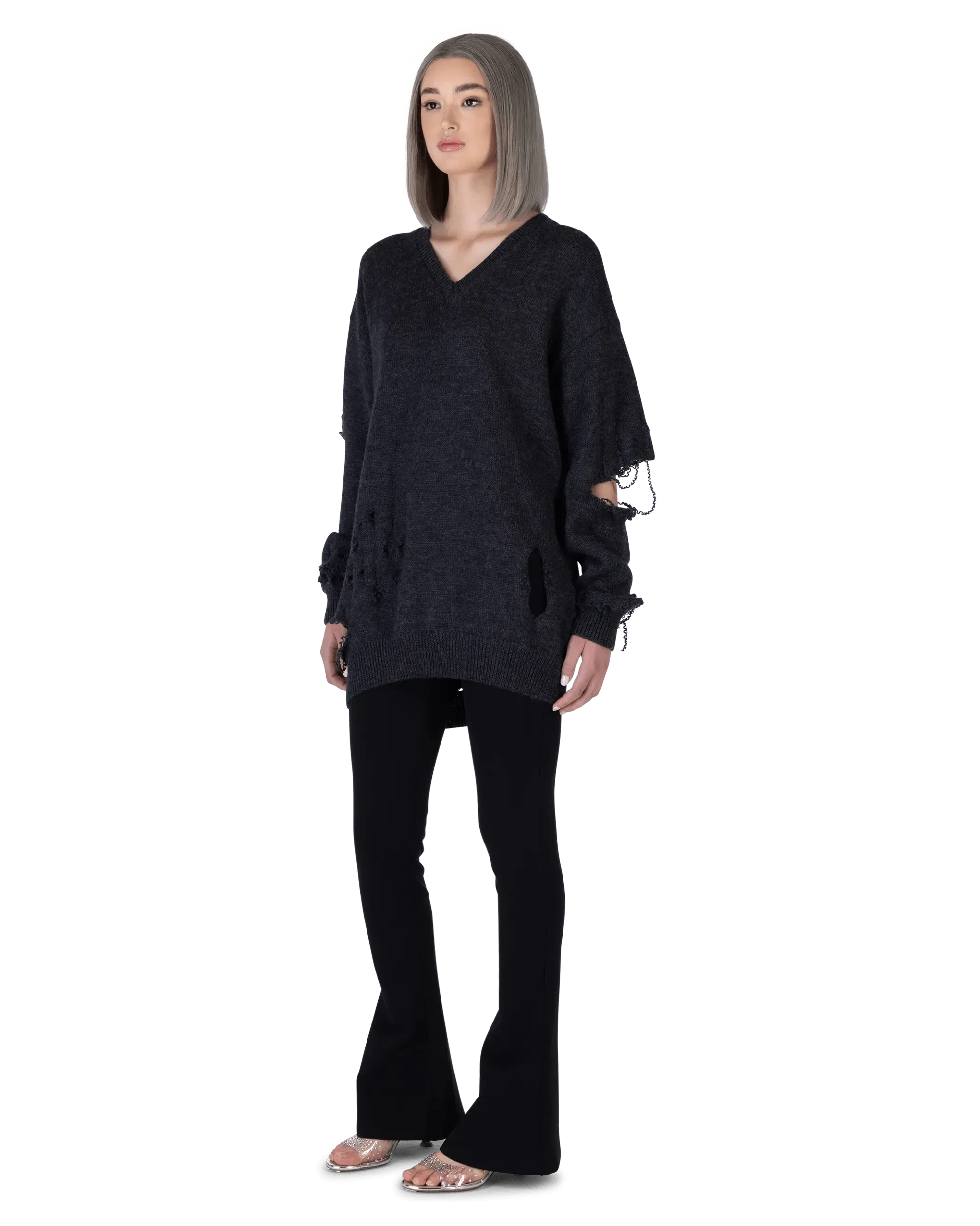 Distressed Wool V-Neck Sweater