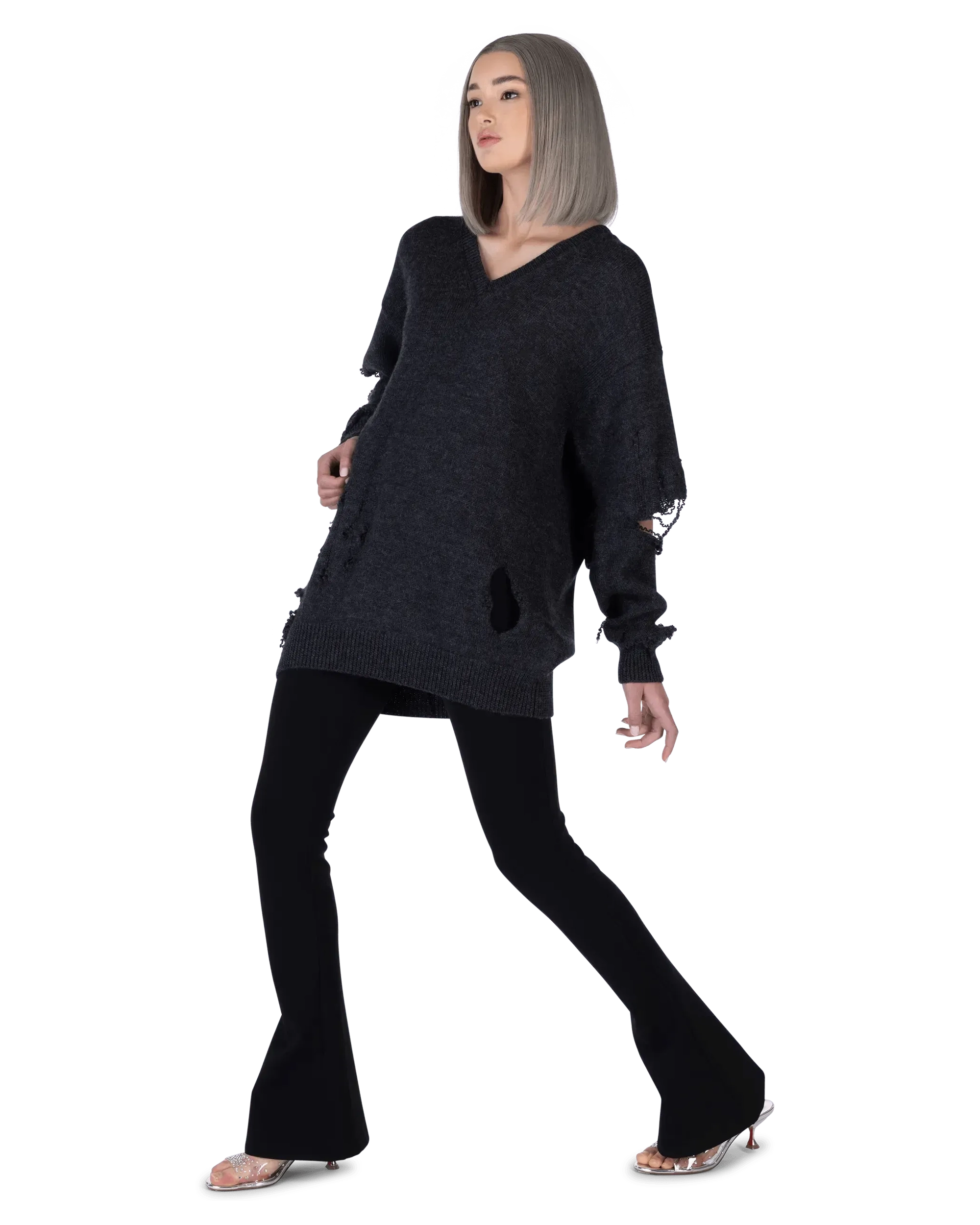 Dark Grey Wool Distressed Wool V-Neck Sweater by Balenciaga | DIHSAN