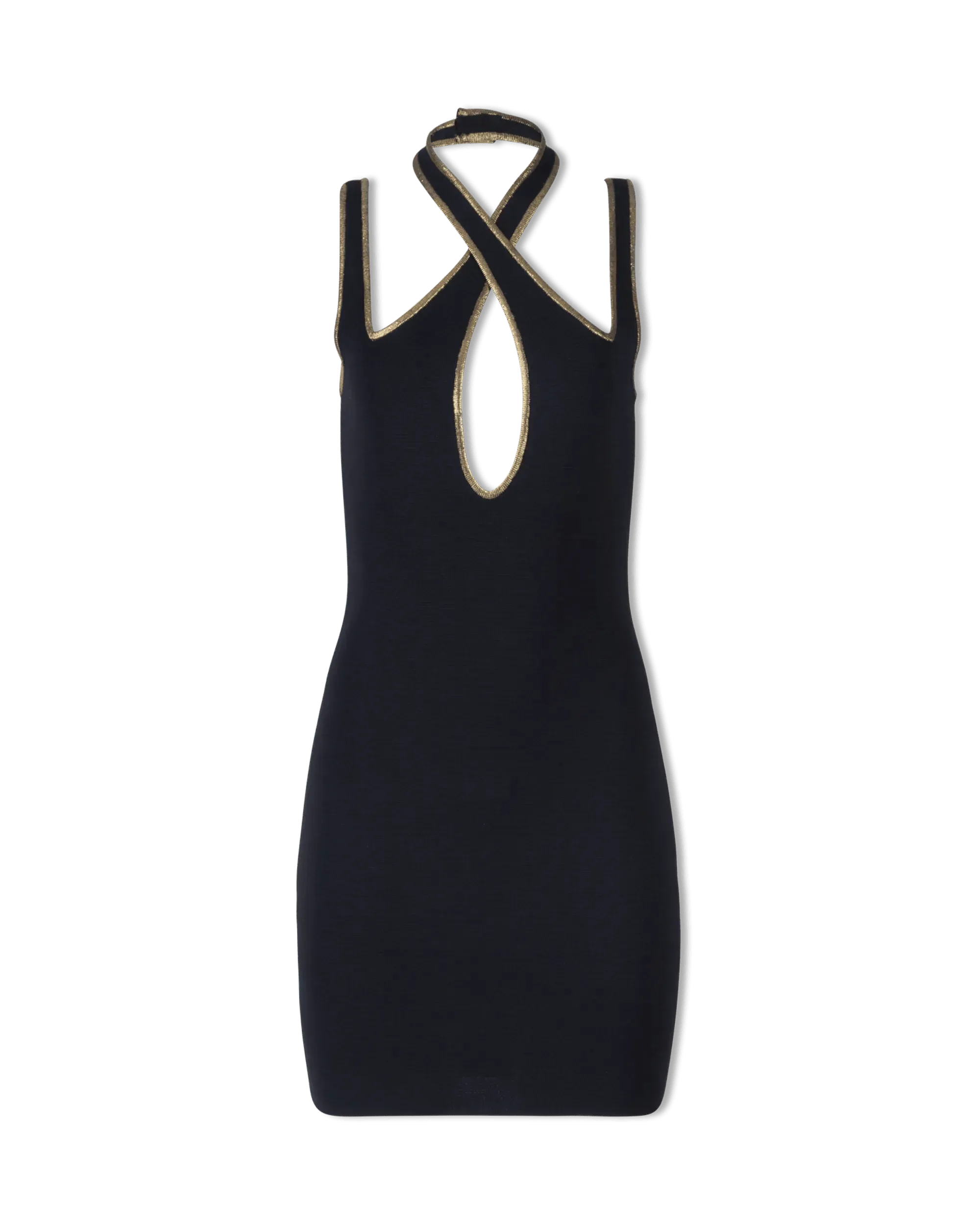 Gold Trimmed Halterneck Knit Short Dress - DIHSAN