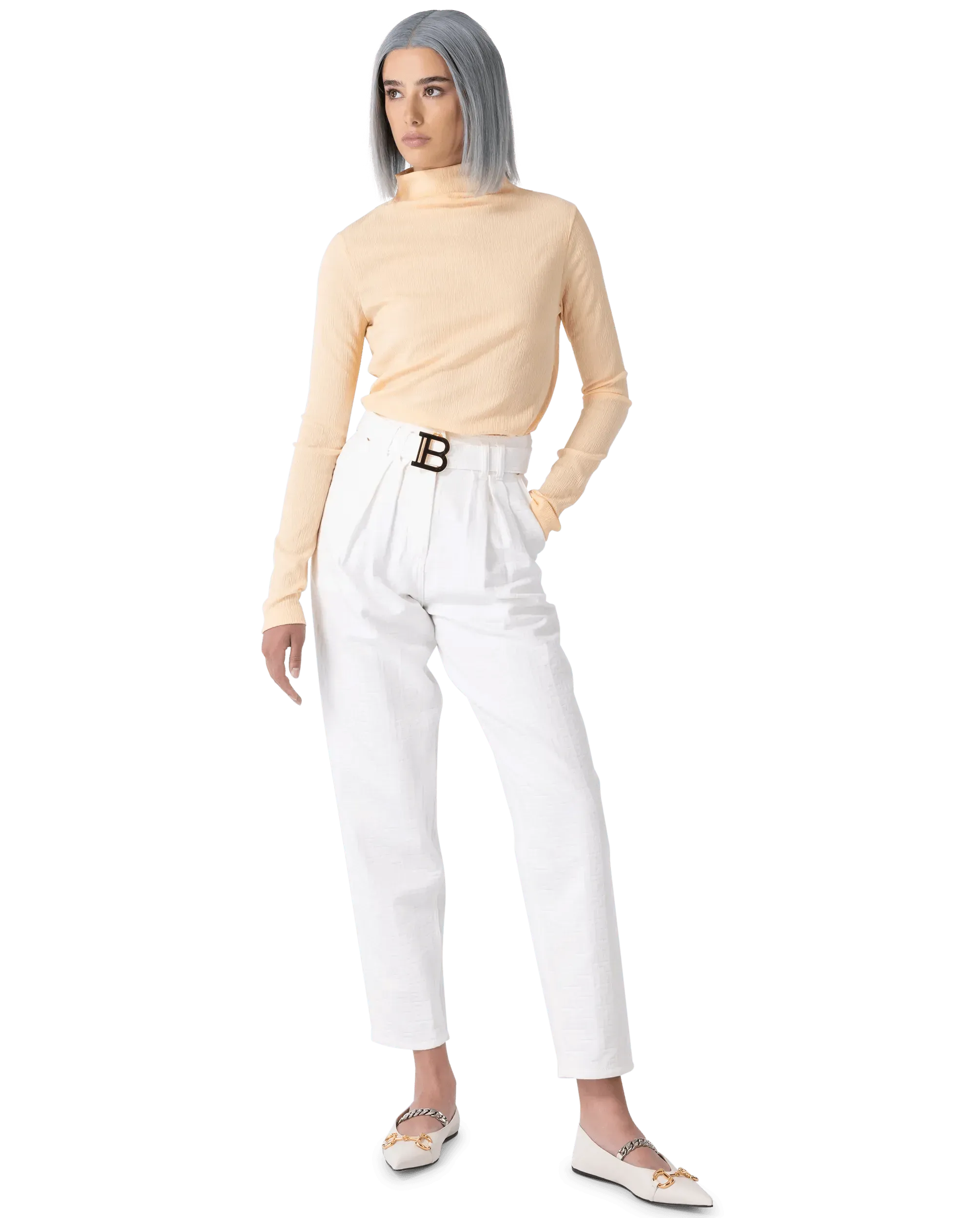 High Waisted Belted Monogram Denim Pants - DIHSAN