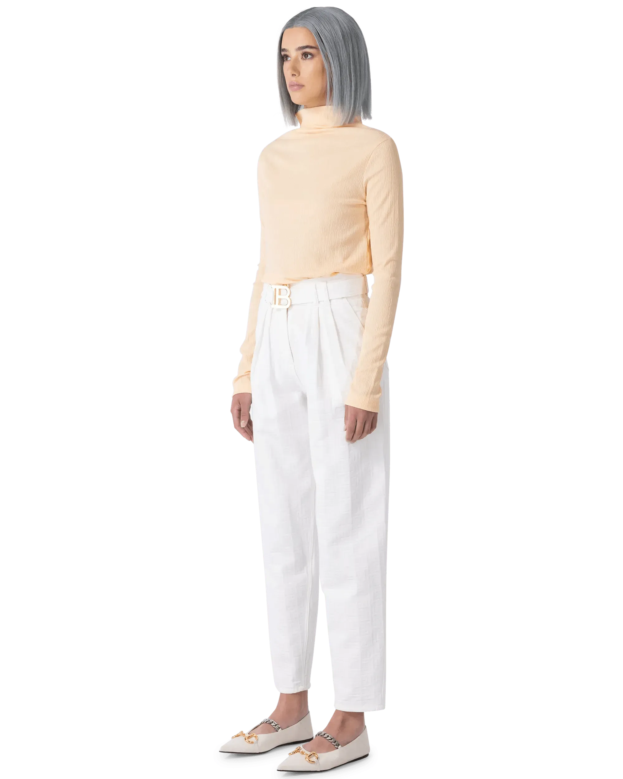 High Waisted Belted Monogram Denim Pants - DIHSAN