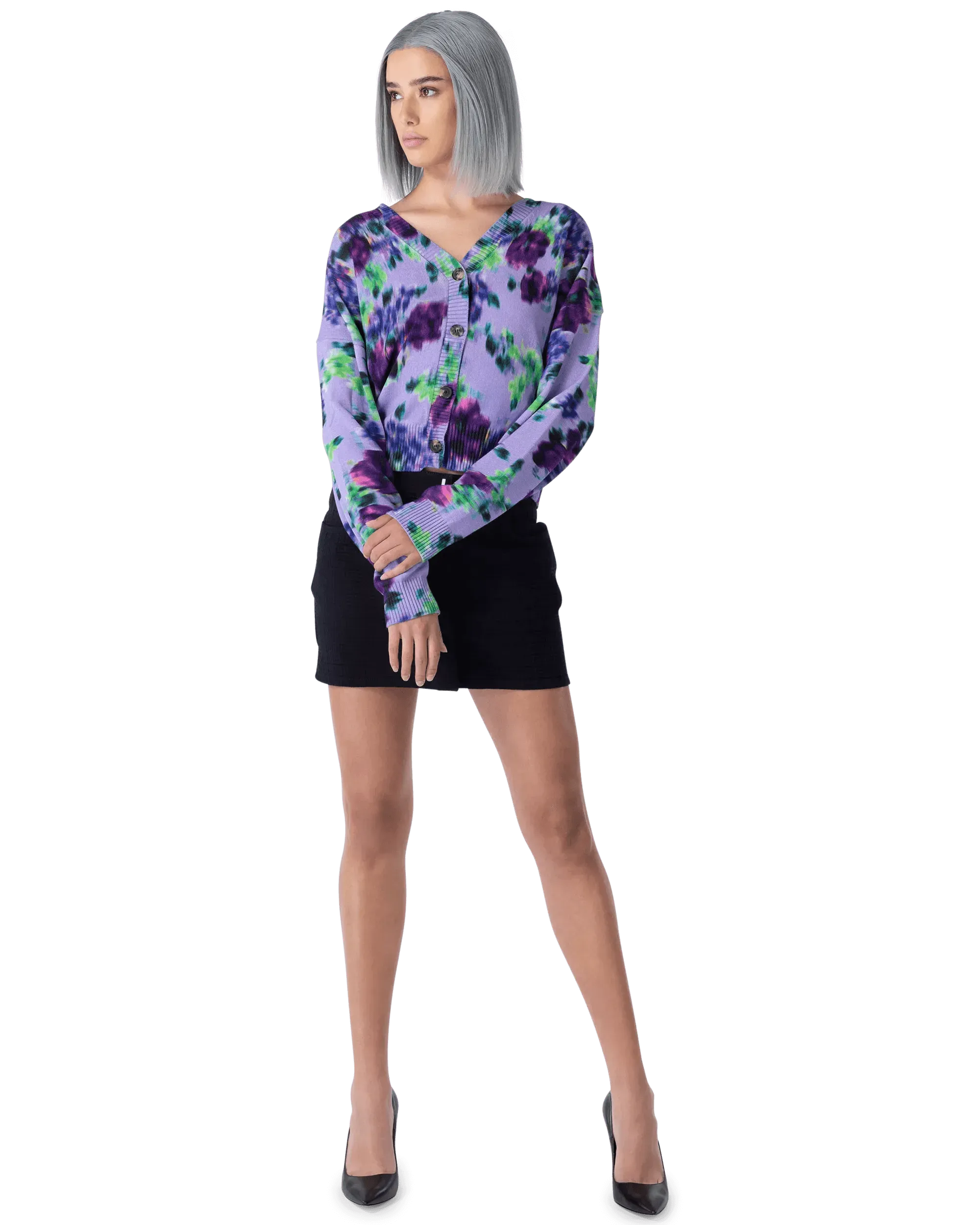 Blurred Floral Printed Buttoned Cardigan - DIHSAN