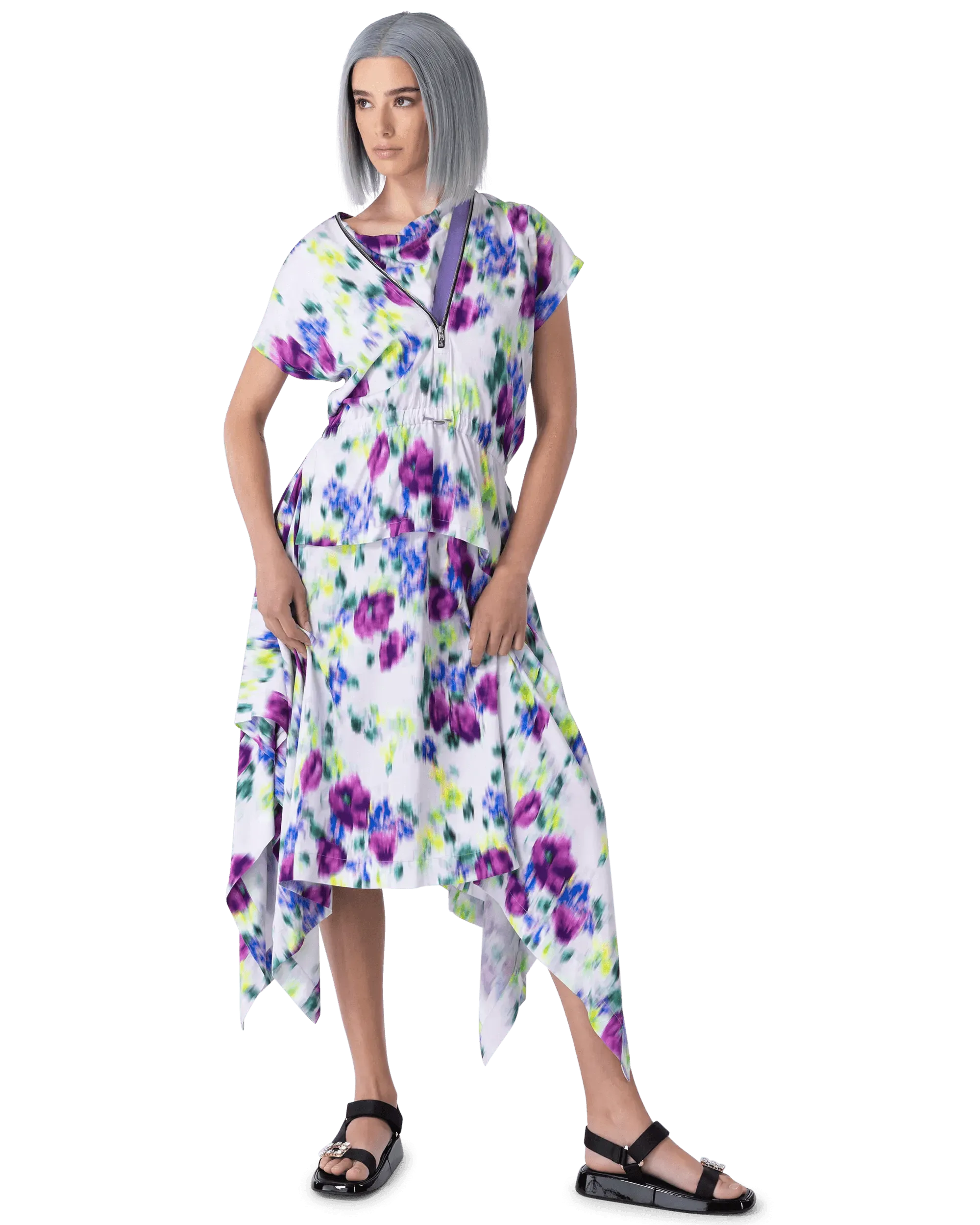 Blurred Floral Printed Midi Dress - DIHSAN