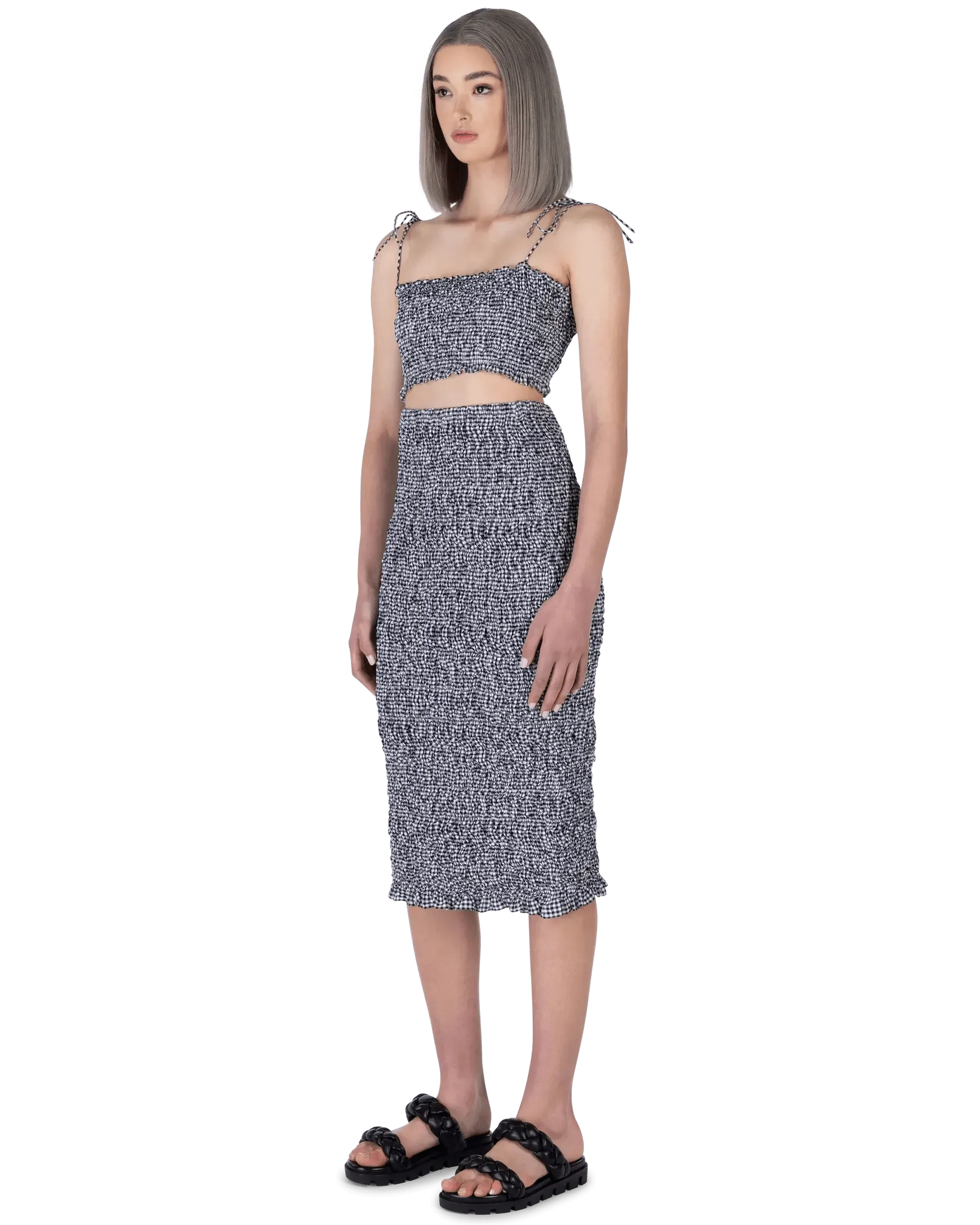Scrunched Gingham Midi Skirt - DIHSAN