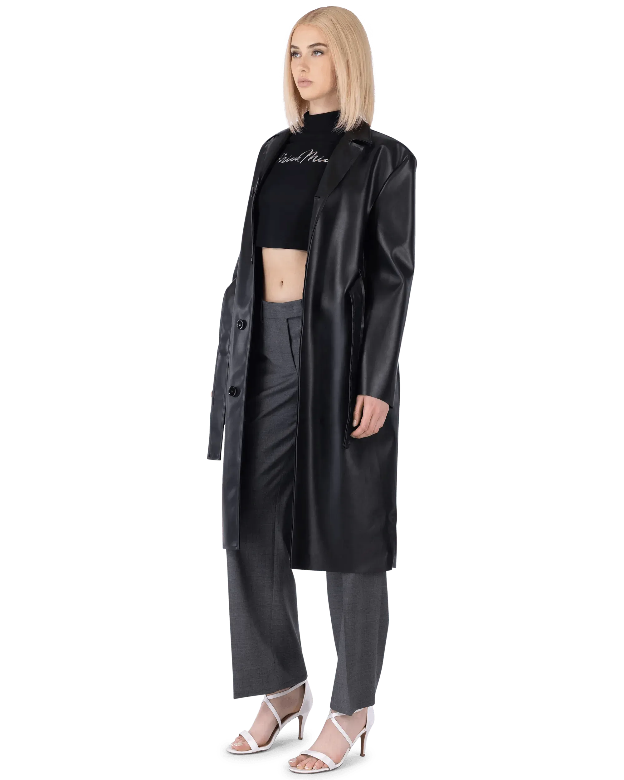 Belted Faux Leather Trench Coat - DIHSAN