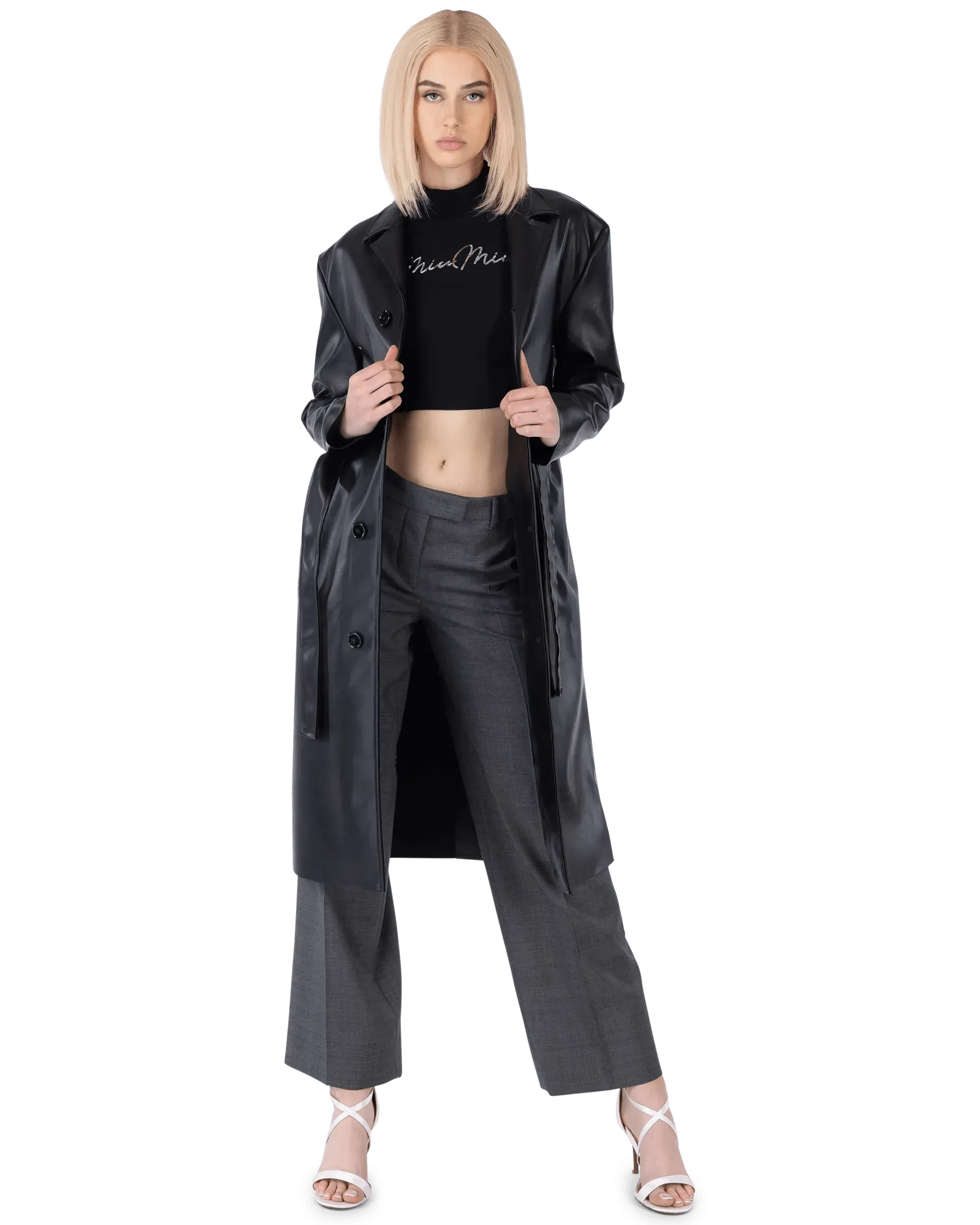 Belted Faux Leather Trench Coat - DIHSAN