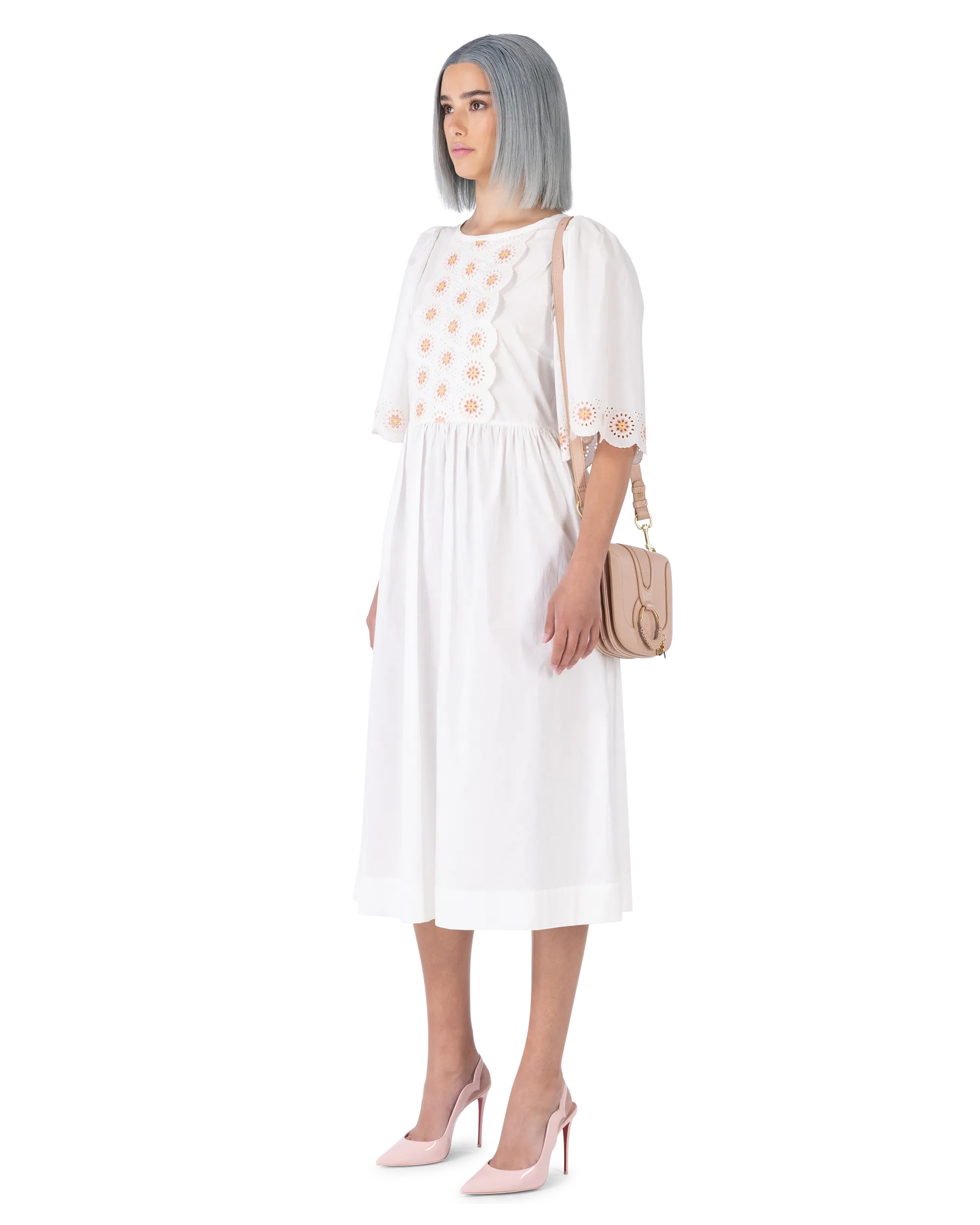 Floral Embroidered Short Sleeve White Dress