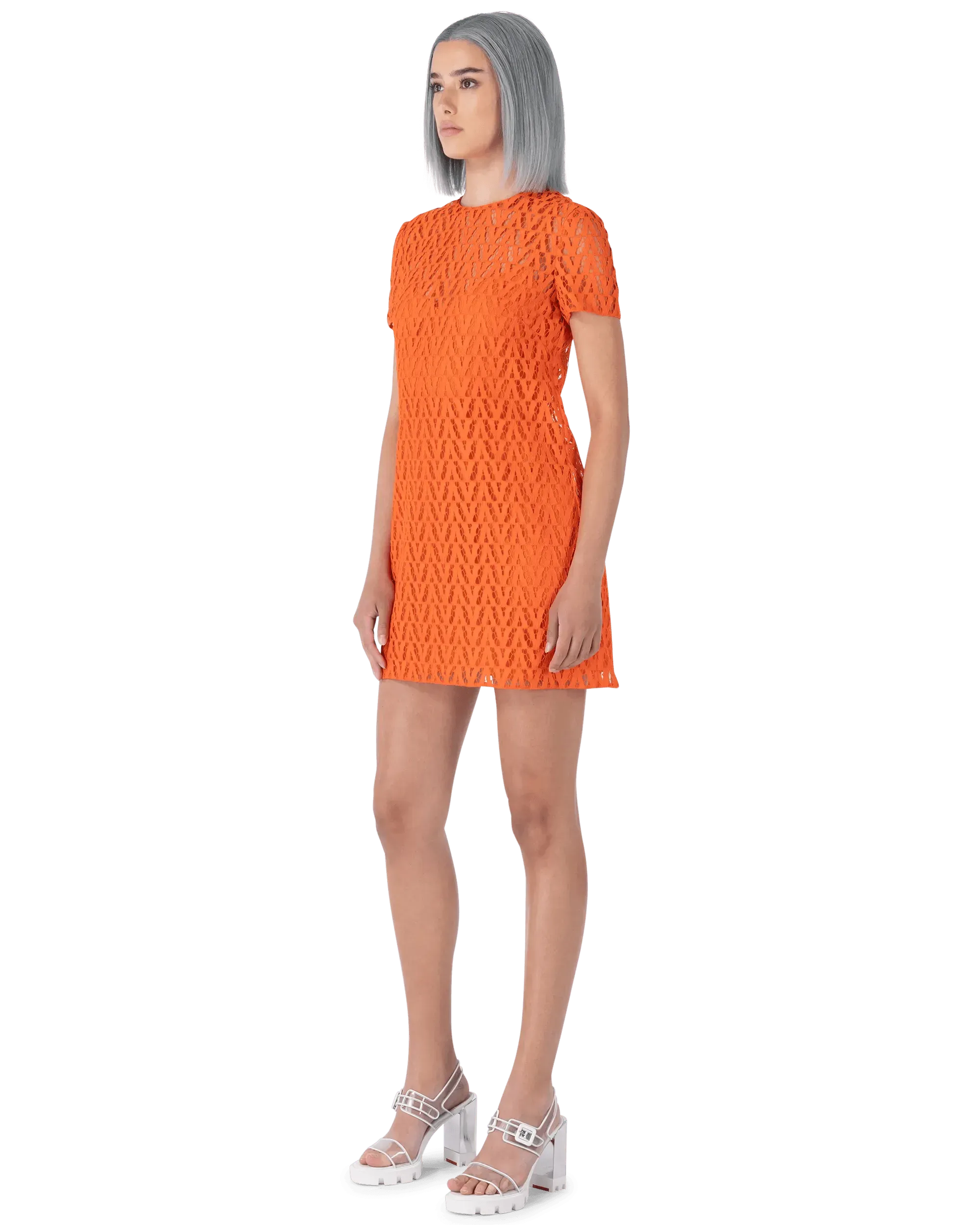 V Pattern Lace Short Sleeve Mini Dress - DIHSAN