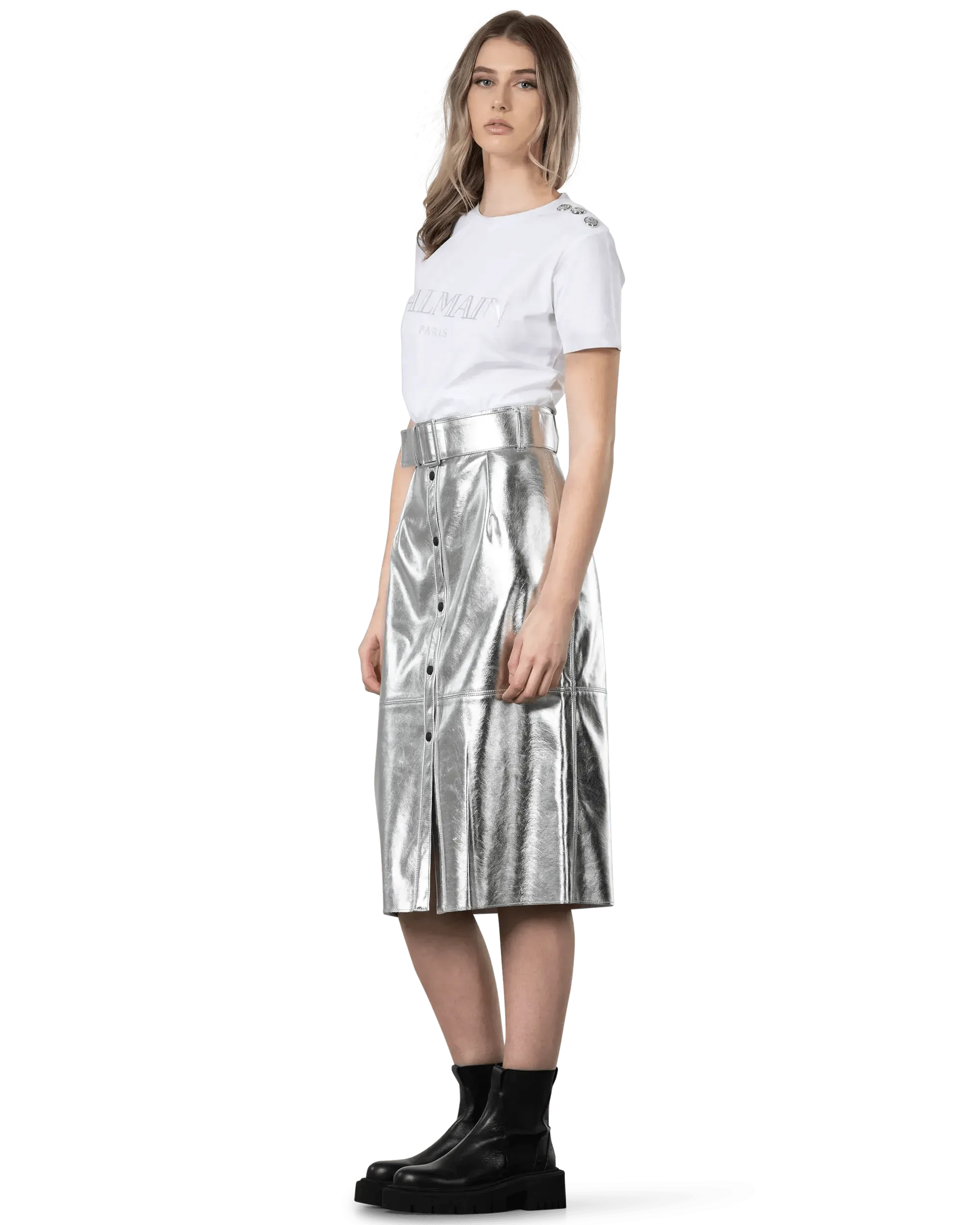 Belted Button Up Knee-Length Skirt