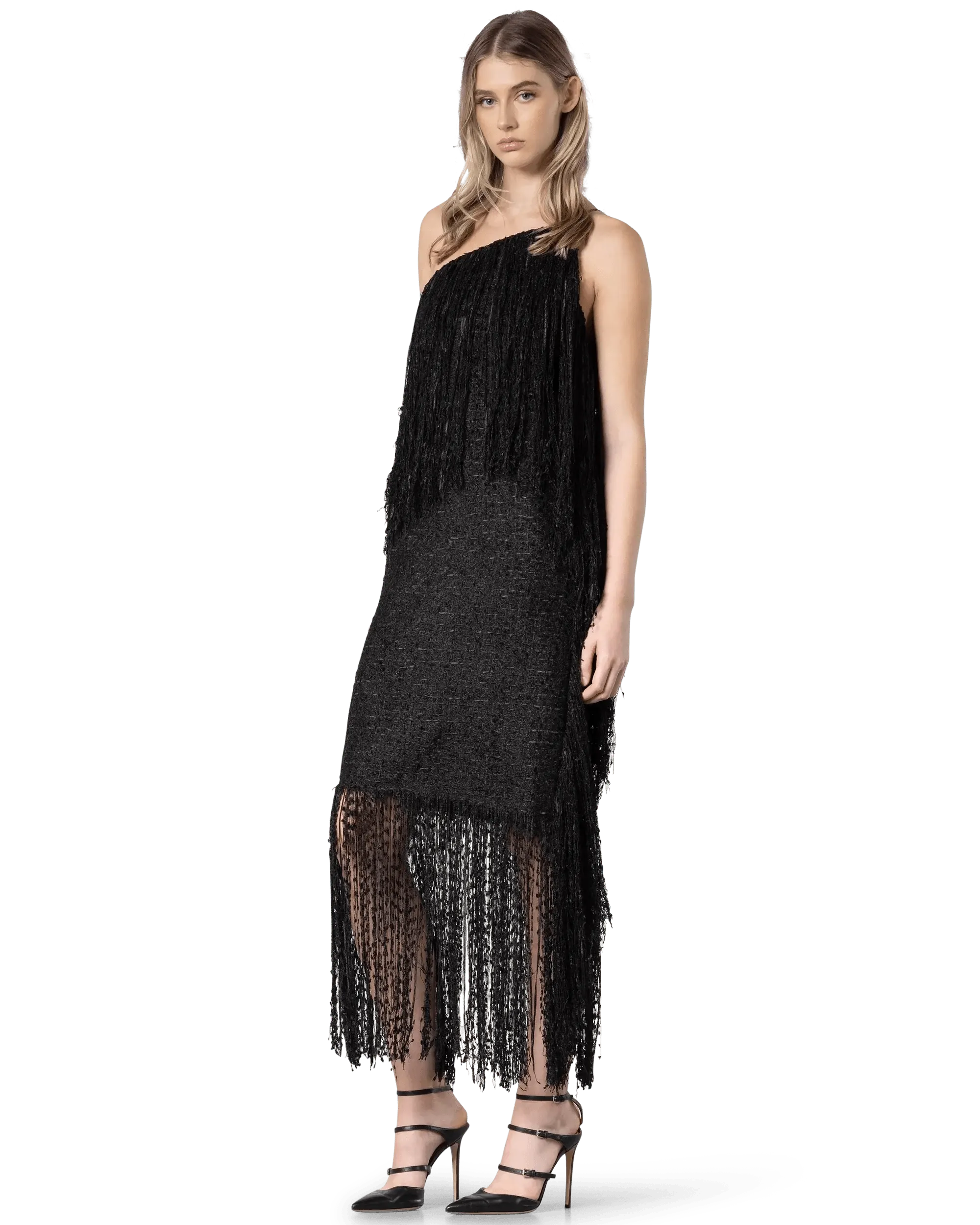 Fringe-Detailed One Shoulder Dress