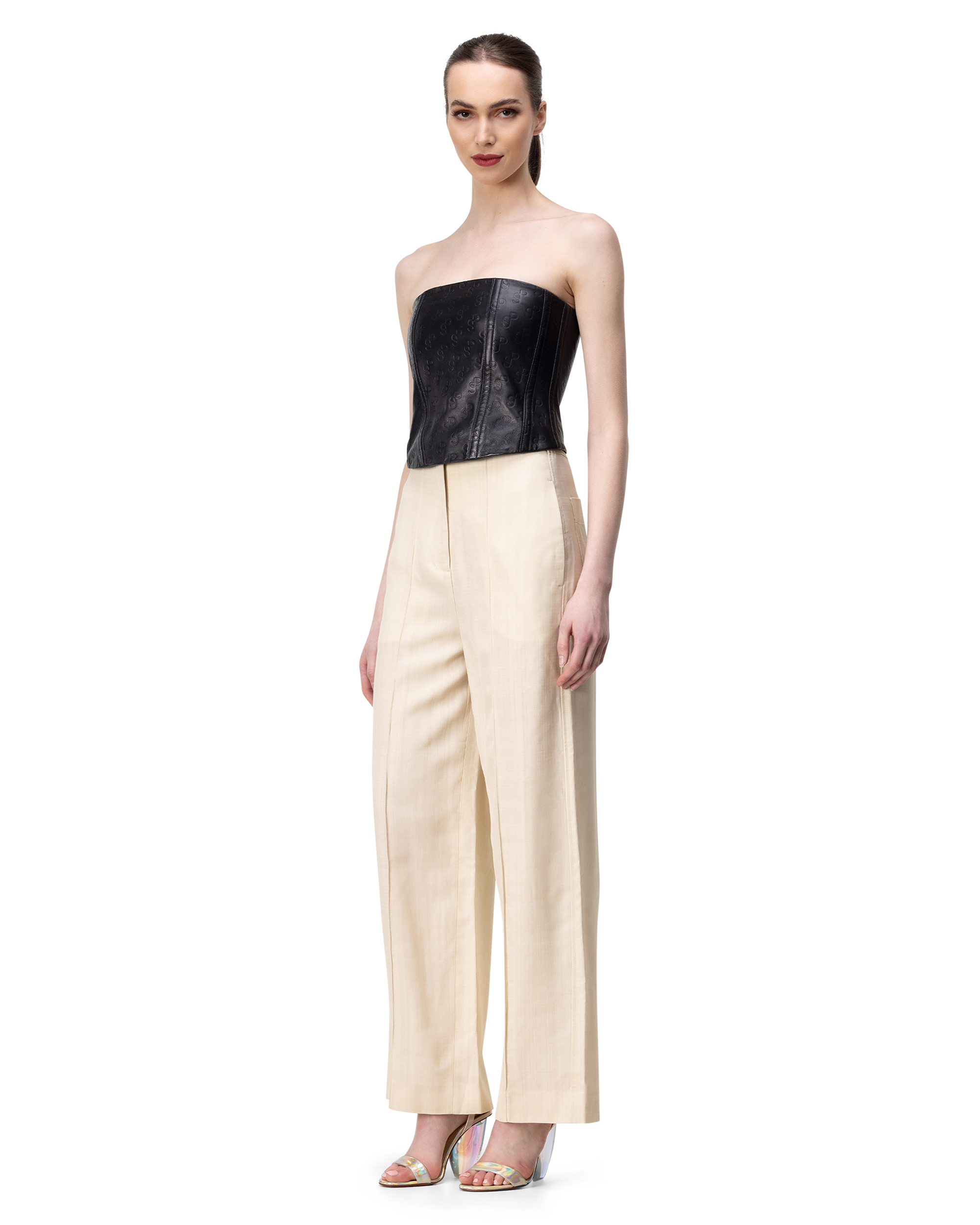 Logo Embossed Black Leather Corset Top