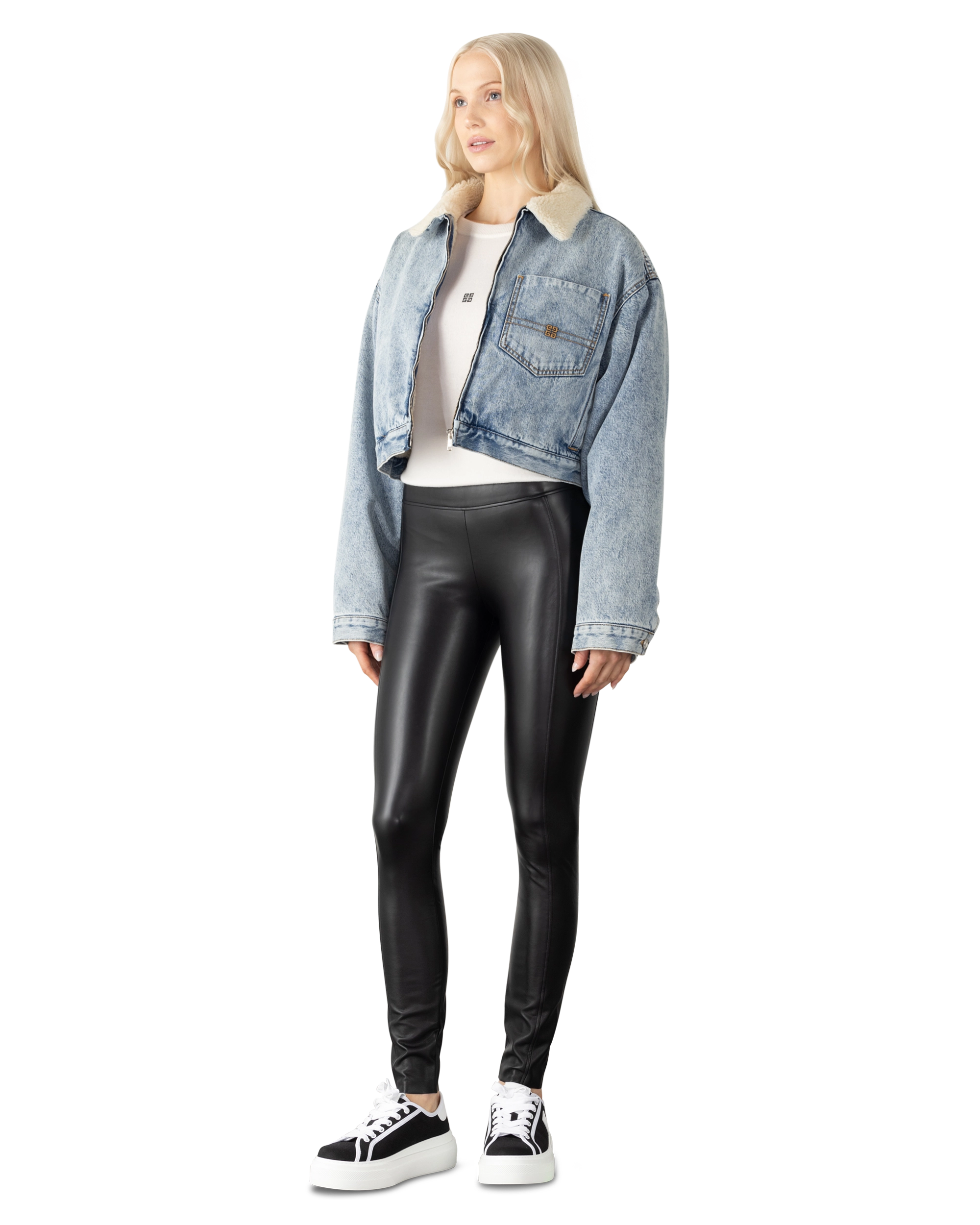 Bi Material Shearling Collar Cropped Denim Jacket