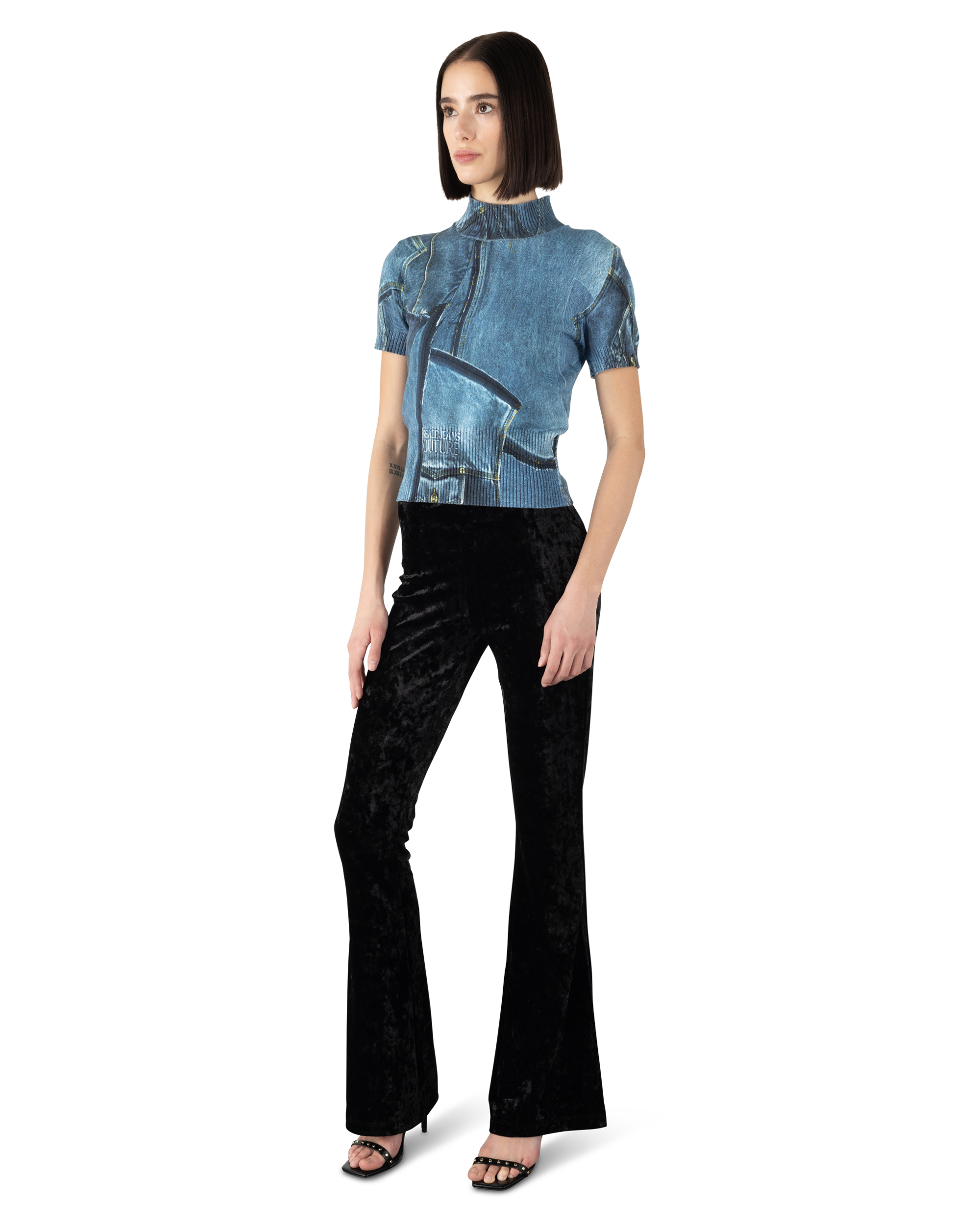 Denim Print Short Sleeve Mock Neck Top