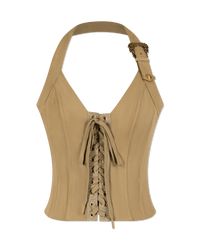 Burly Wood Polyester Baroque Buckle Lace Corset Top by Versace Jeans Couture | DIHSAN